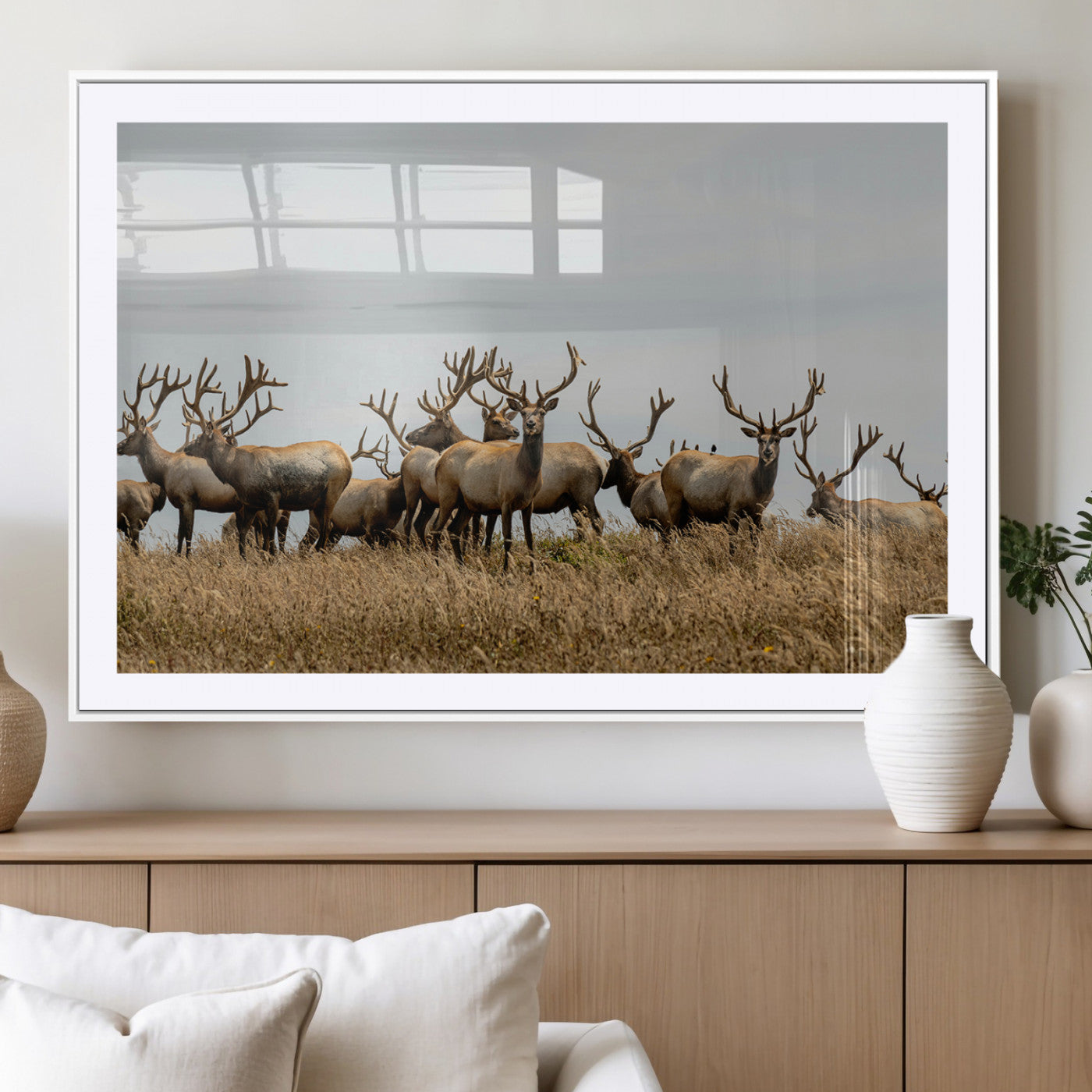 42170220-MGV-CV-36X24-Elk Herd Wall Art Canvas Print, Framed Wildlife Photography Art Picture Print, Majestic Antlers Perfect Rustic Wildlife Decor