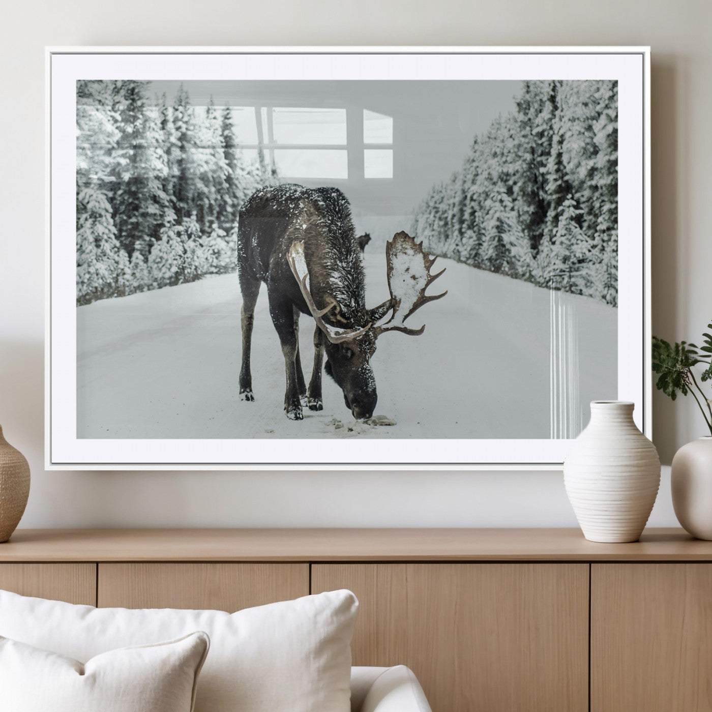 13316292-MGV-CV-36X24-Moose in Snow Wall Art Canvas Print, Framed Winter Wildlife Art Picture Print, Snowy Forest Scene Perfect Rustic Lodge Decor