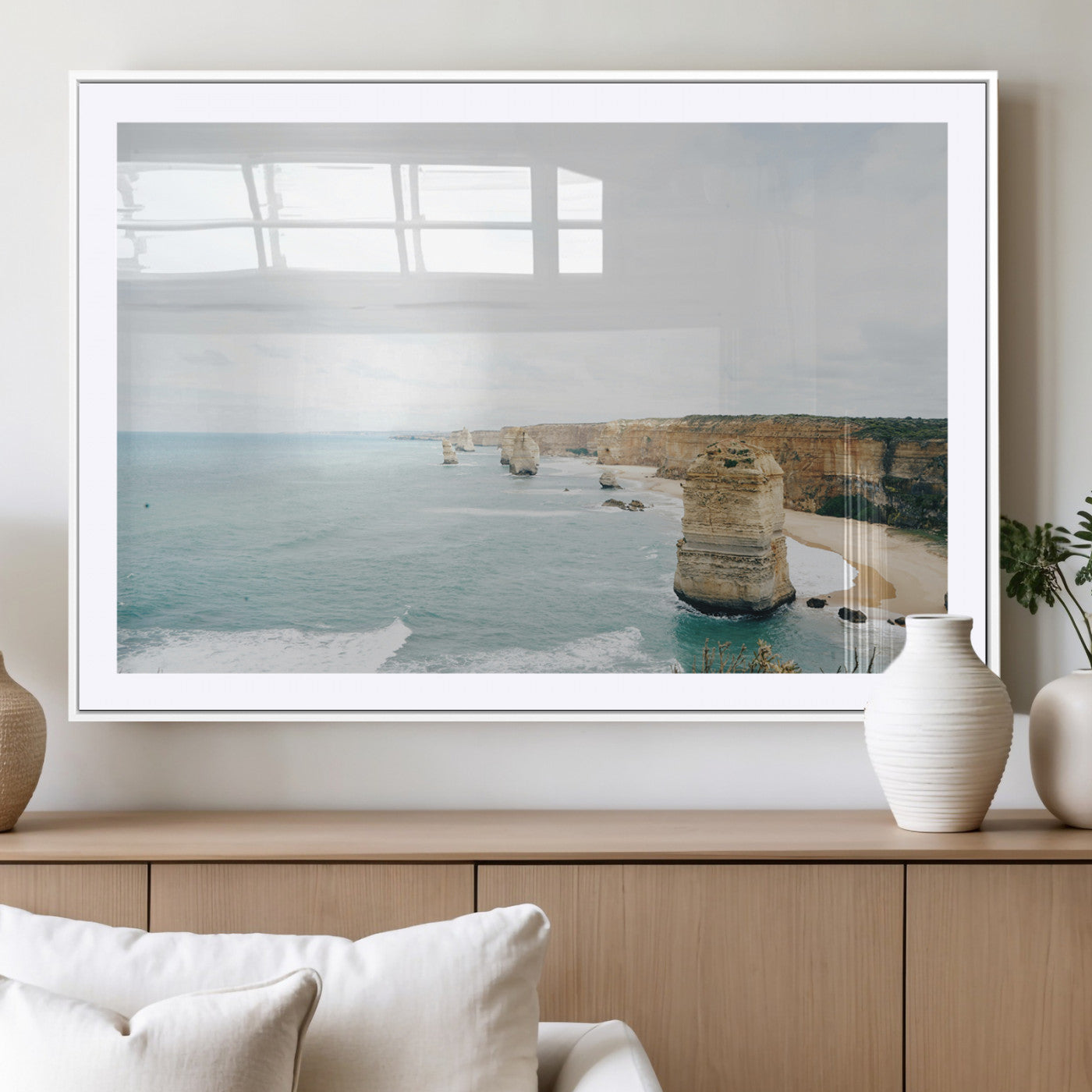 70095633-MGC-FP-36x24_White-Twelve Apostles Wall Art Canvas Print, Framed Coastal Cliffs Art Picture Print, Rugged Rock Formations Perfect Minimalist Coastal