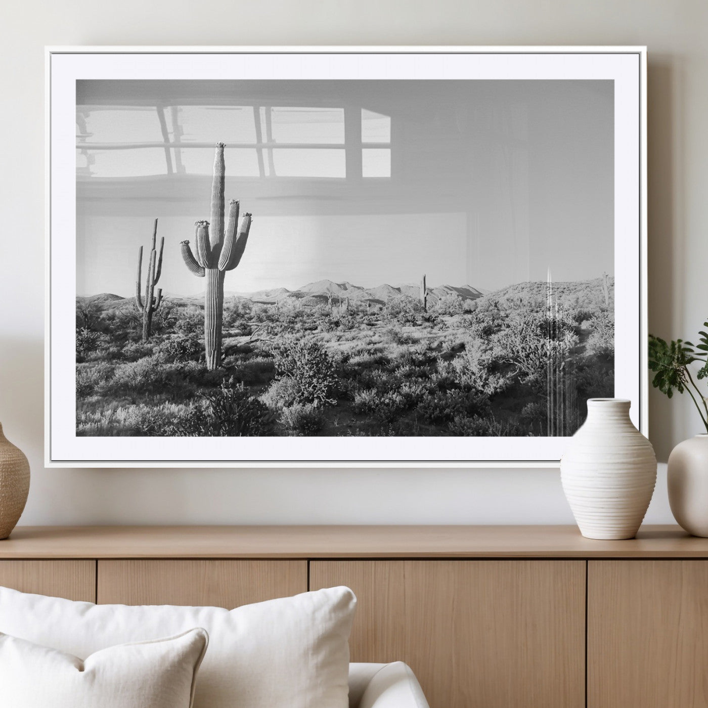 85205054-MGV-CV-36X24-Saguaro Cactus Wall Art Canvas Print, Framed Monochrome Landscape Art Picture Print, Scenic Arizona View Perfect Minimalist