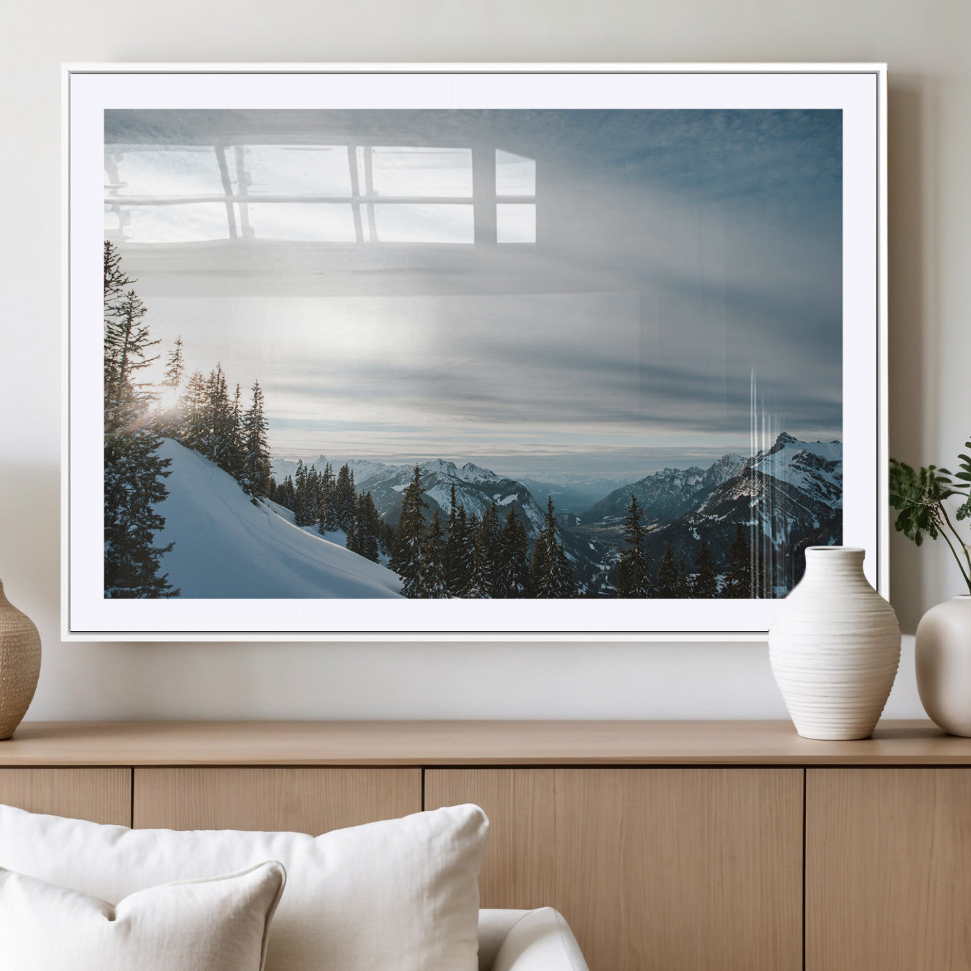 55564749-MGC-FP-36x24_White-Snowy Mountains Wall Art Canvas Print, Framed Alpine Landscape Art Picture Print, Frosty Peaks Perfect Nordic Minimalist Decor