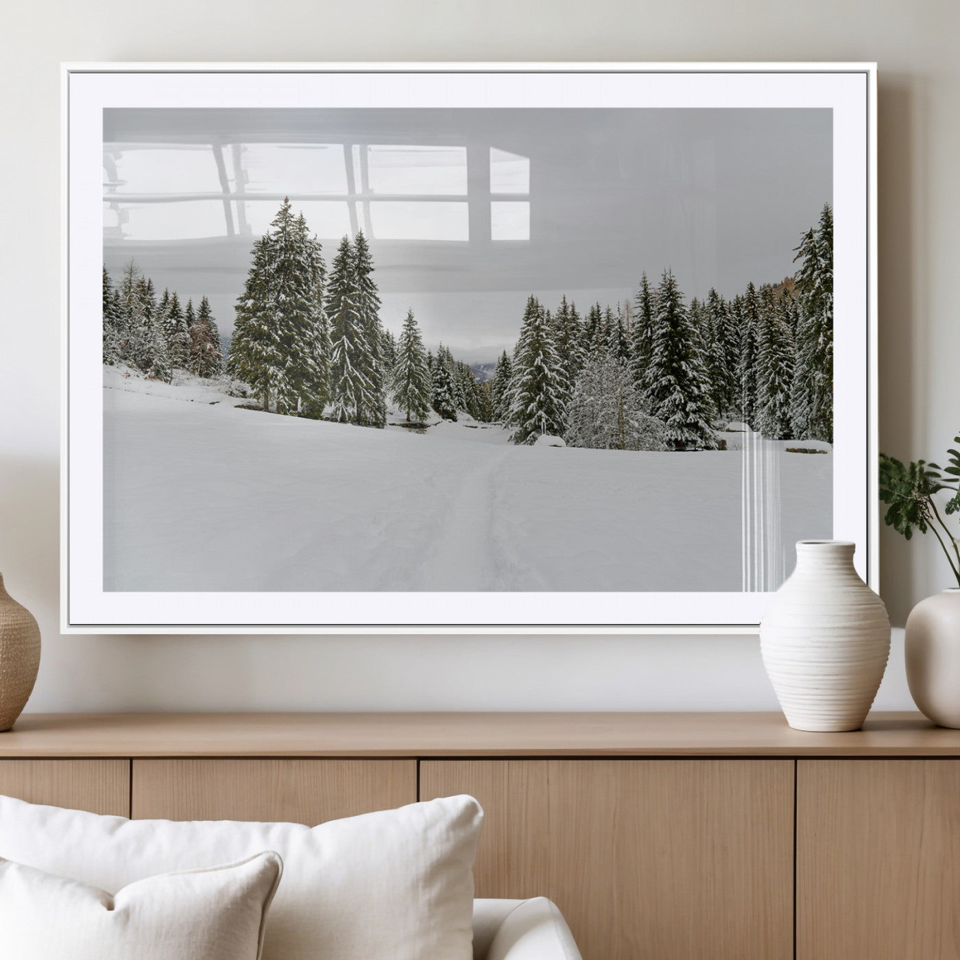 24581417-MGV-CV-36X24-Frosty Pines Wall Art Canvas Print, Framed Silent Snowfall Art Picture Print, Cozy Cabin Vibes Perfect Nordic Minimalist Decor