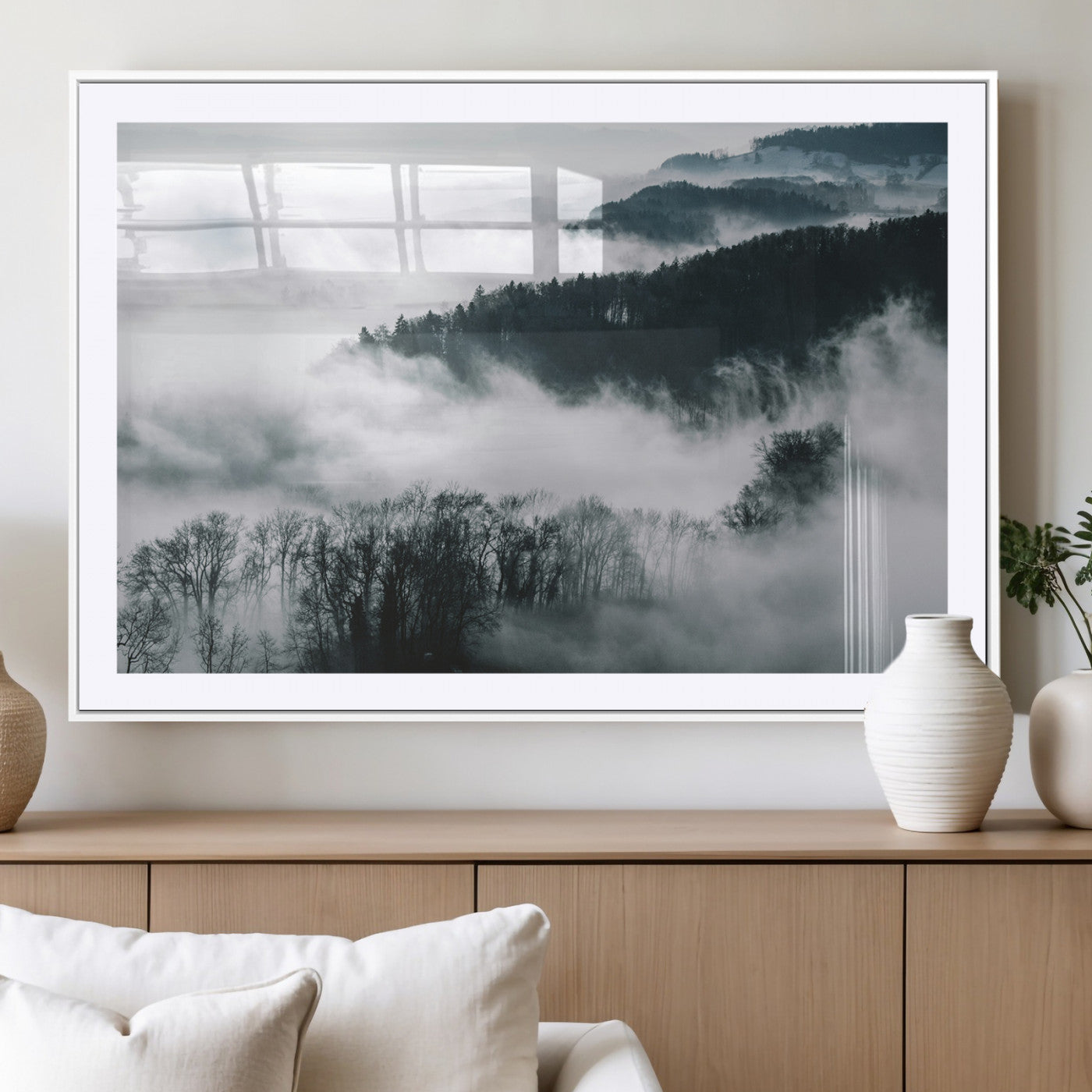67569654-MGC-FP-36x24_White-Foggy Forest Wall Art – Mist Covered Hills and Trees Landscape Canvas Print, Moody Nature Photography Decor for Living Room,