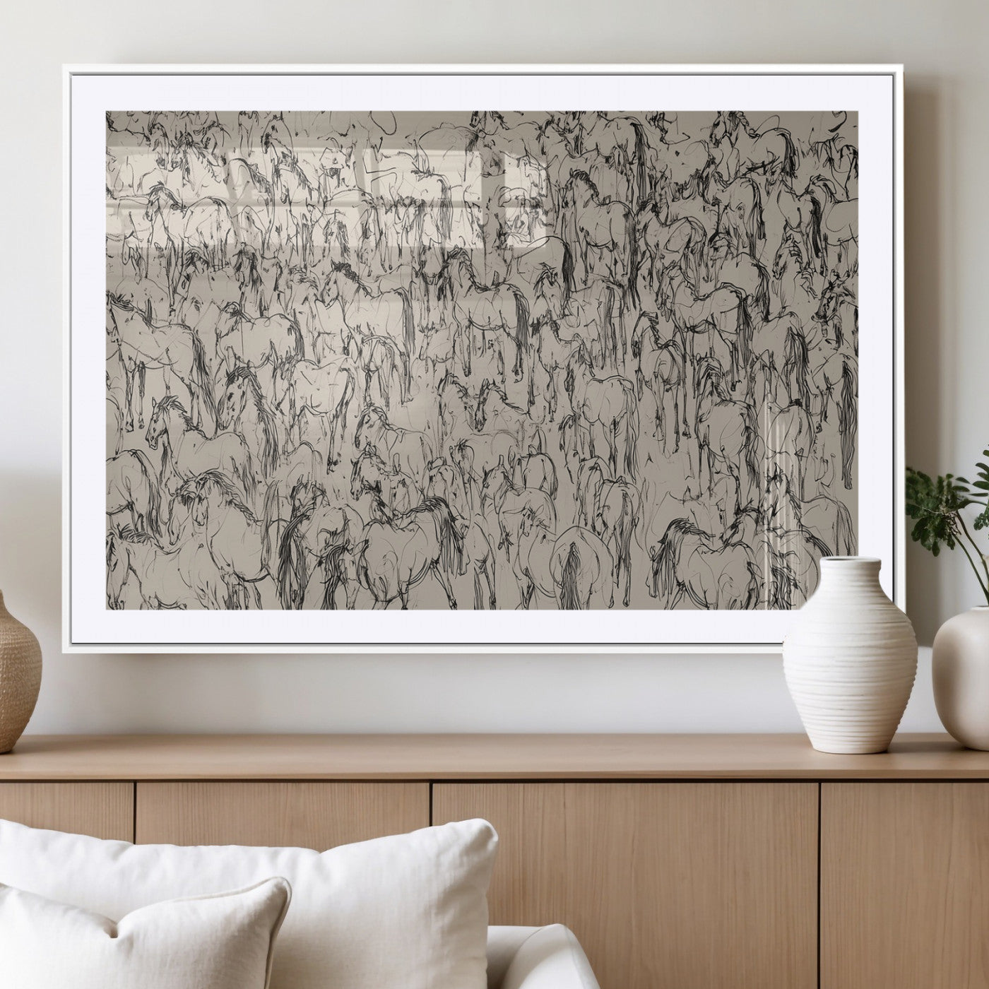 12358908-MGV-CV-36X24-Horse Herd Sketch Wall Art – Abstract Wild Horses Line Drawing Canvas Print, Rustic Western Style Equestrian Decor for Living