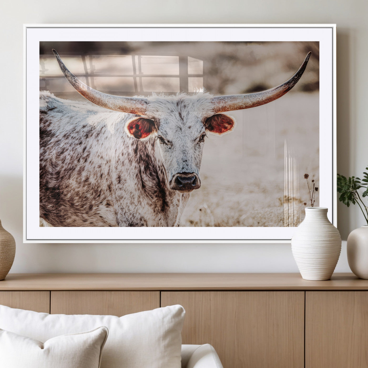 72388892-MGV-CV-36X24-Texas Longhorn Wall Art – Rustic Western Canvas Print, Cowboy Style Farmhouse Bull Artwork for Living Room, Ranch, Office or Man
