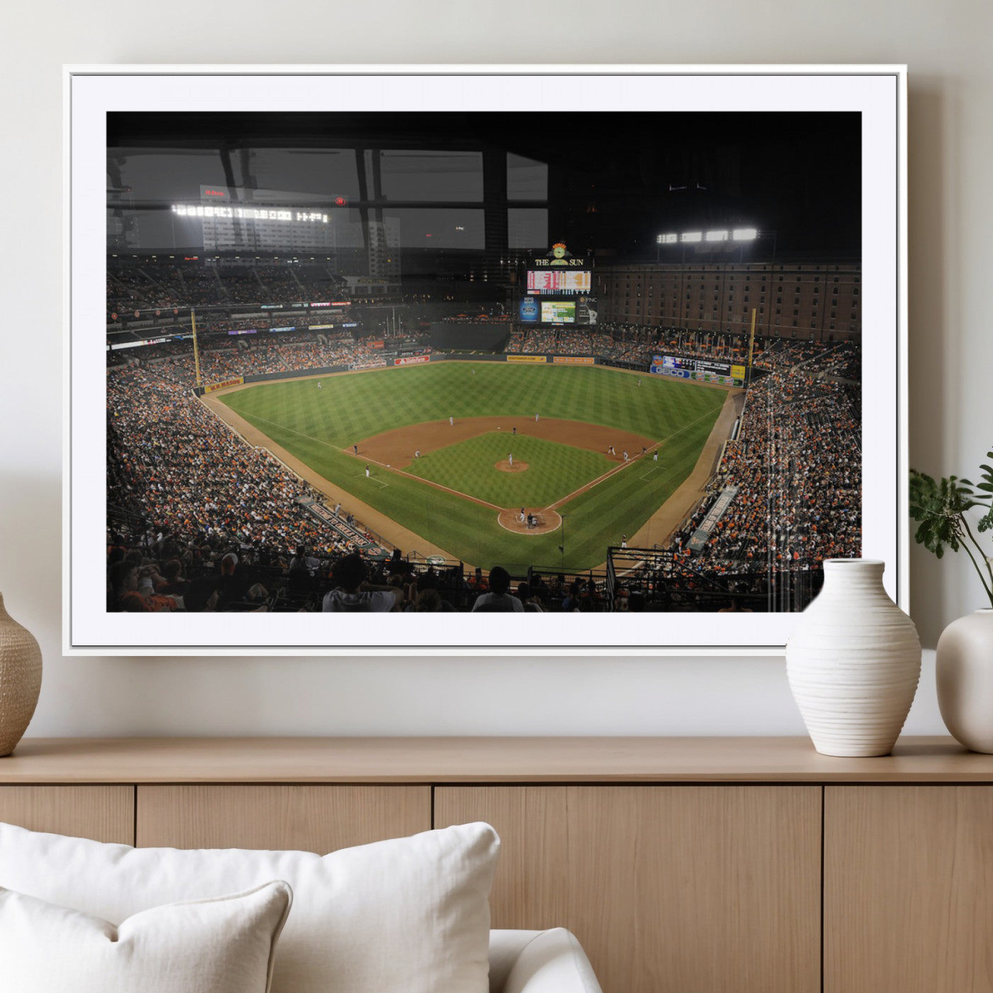 26445161-MGC-FP-36x24_White-Baseball Stadium at Night – Panoramic Ballpark Canvas Wall Art, Sports Decor for Man Cave, Office, Game Room, Sports Bar, Baseball