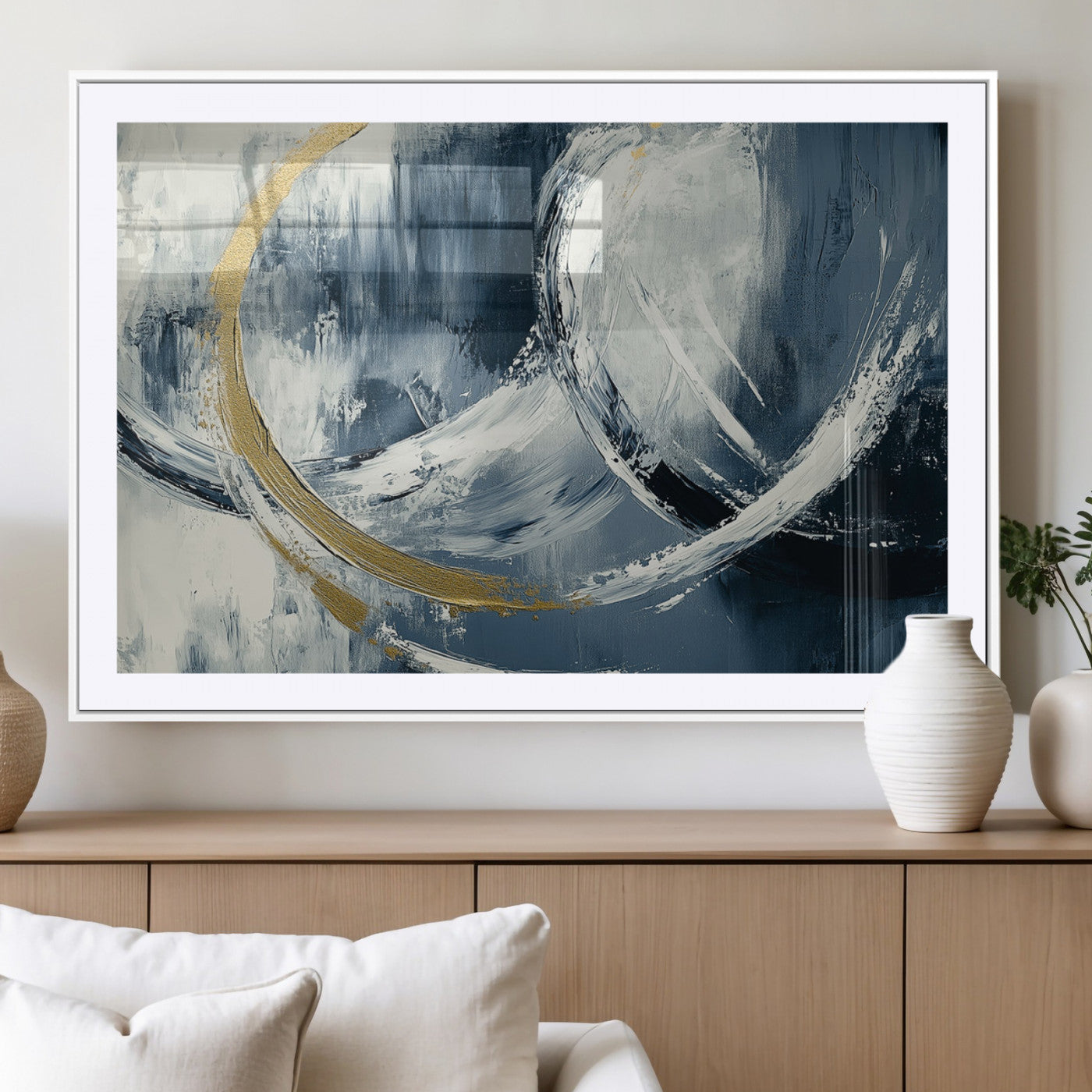 97295757-MGC-FP-36x24_White-Abstract Blue and Gold Wall Art – Modern Luxury Canvas Print, Navy White Brushstroke Painting, Contemporary Living Room Office