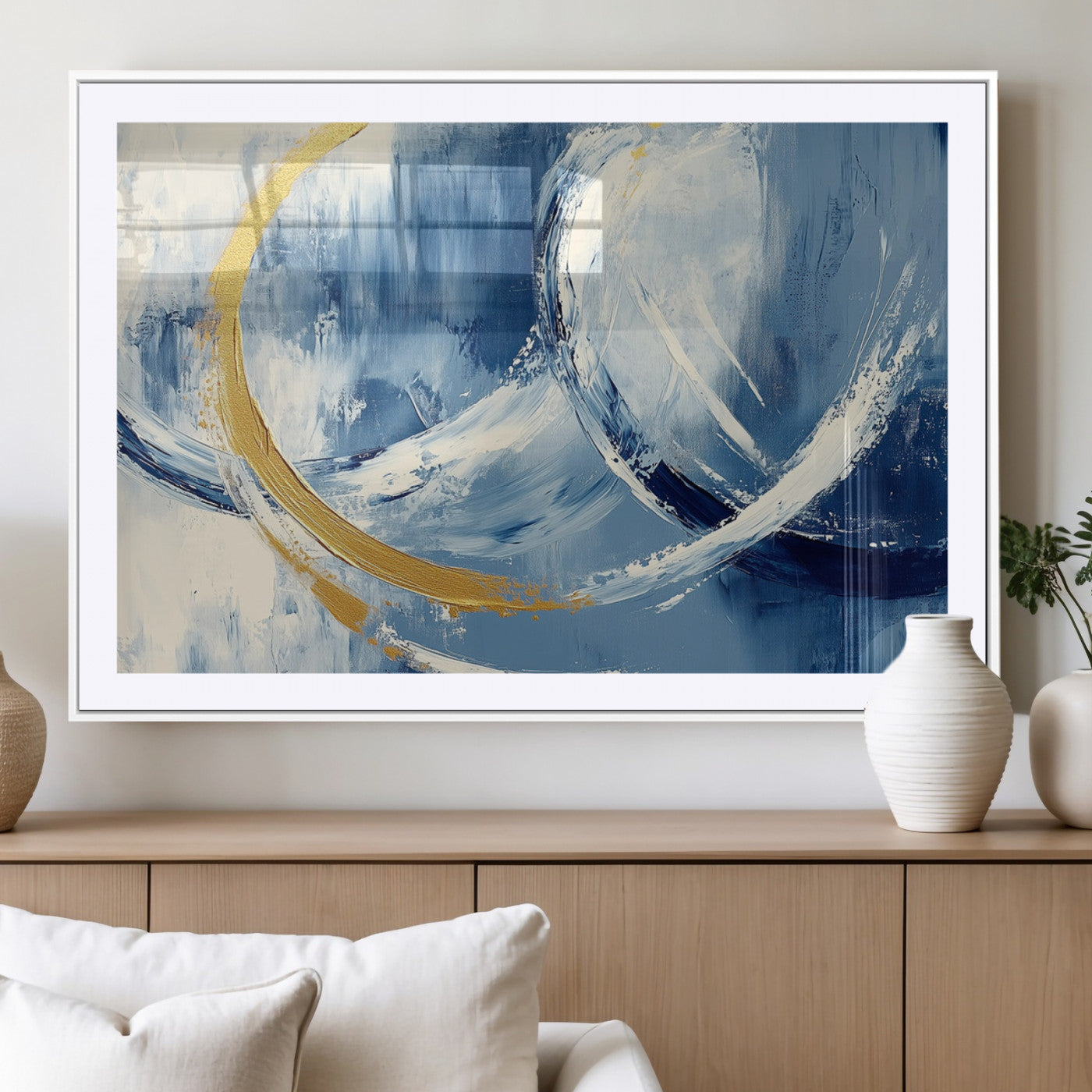 42475677-MGC-FP-36x24_White-Blue and Gold Abstract Wall Art – Modern Luxury Canvas Print, Navy White Brushstroke Painting, Contemporary Home Office Living