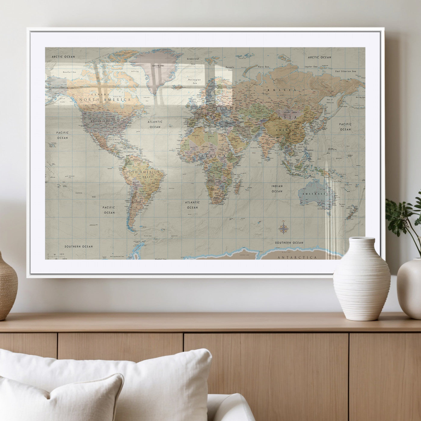 41929777-MGC-FP-36x24_White-World Map Wall Art – Large Detailed Political Atlas Style Map Print with Countries, Cities, and Oceans, Warm Earth Tone