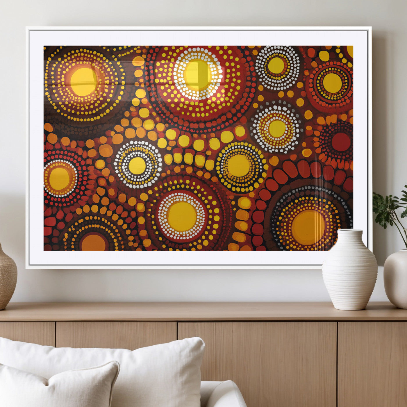81120549-MGV-CV-36X24-Abstract Dot Painting Wall Art – Vibrant Tribal Boho Style Canvas Print with Sunburst Mandala Circles in Warm Red, Yellow, Orange