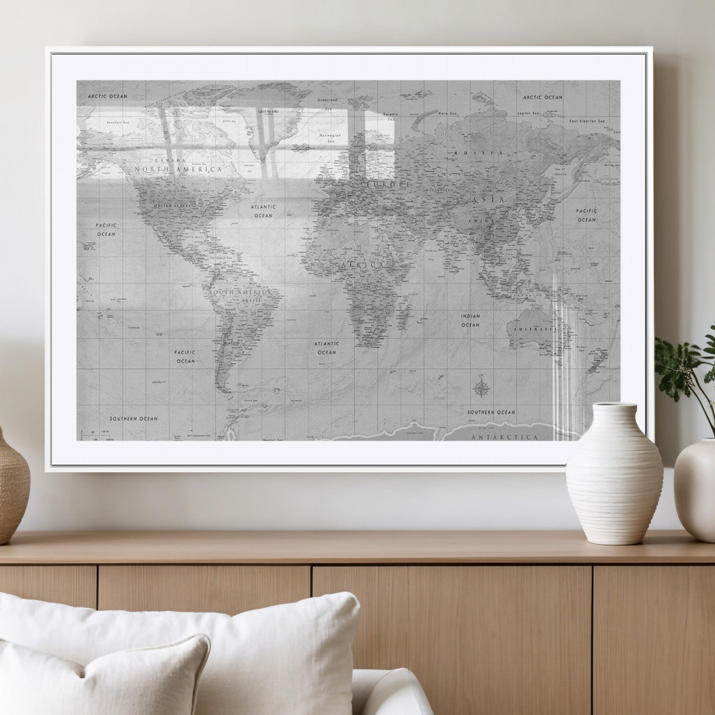 10516725-MGV-CV-36X24-Black and White World Map Wall Art – Minimalist Grayscale Canvas Print – Modern Detailed Travel Map Poster for Home, Office, or