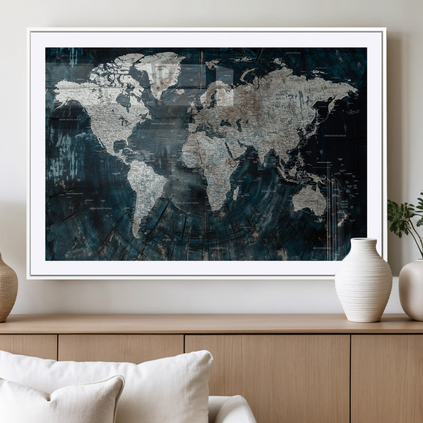 34425609-MGV-CV-36X24-World Map Wall Art – Rustic Navy and Grey Atlas Canvas Print, Distressed Explorer Map Artwork, Industrial Style Decor for Office,