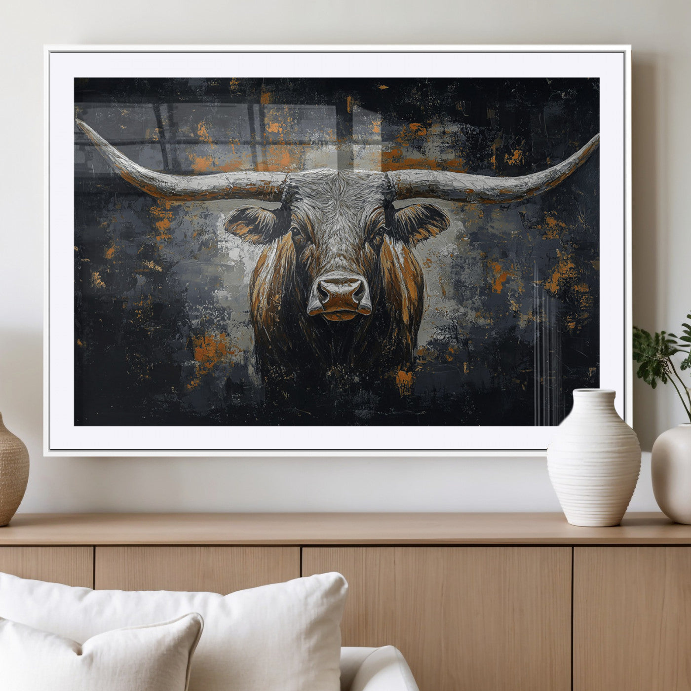 93195031-MGV-CV-36X24-Dark Longhorn Bull Wall Art – Western Steer Canvas Print, Moody Rustic Animal Painting for Man Cave, Ranch House, Office or Modern