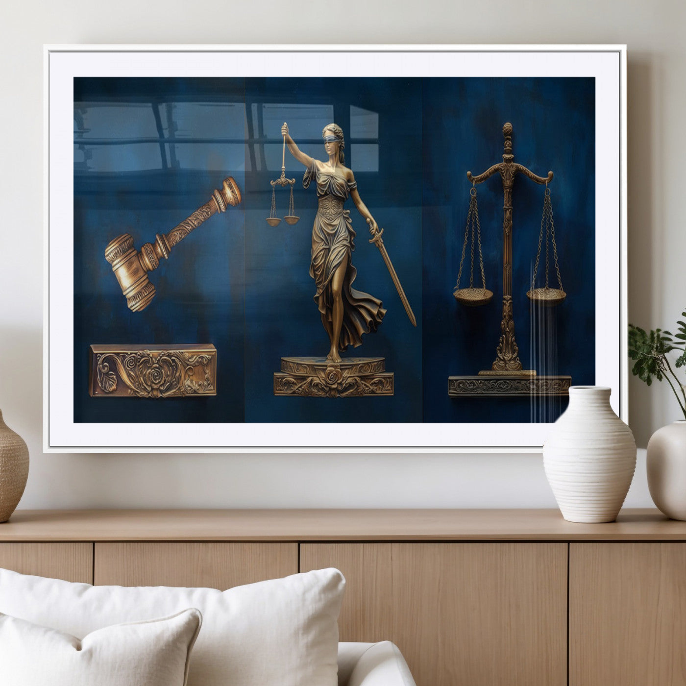 91629053-MGV-CV-36X24-Lady Justice Wall Art – Golden Gavel and Scales Canvas Print, Elegant Legal Office Decor for Lawyers, Judges, Courtroom or Study