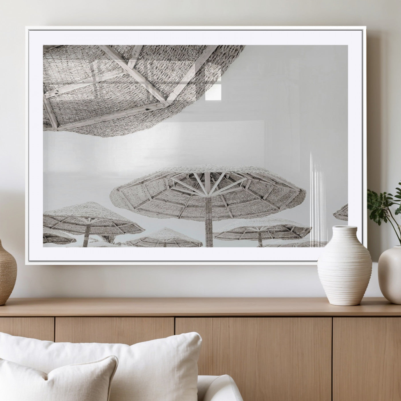 97043123-MGV-CV-36X24-Beach Umbrella Wall Art – Minimalist Coastal Canvas Print, Woven Parasol Summer Decor for Bedroom, Living Room, or Modern Beach