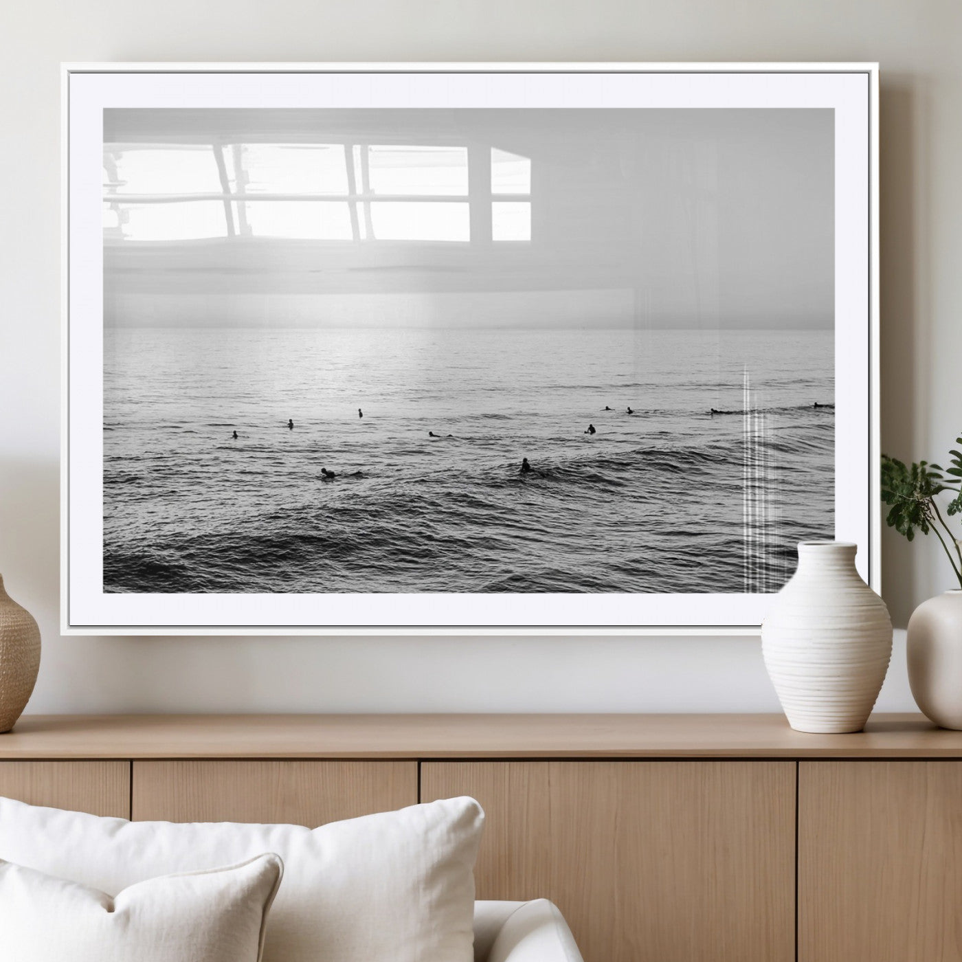 47208268-MGV-CV-36X24-Surfer Ocean Wall Art – Black and White Coastal Canvas Print, Minimalist Surfing Seascape Decor for Living Room, Bedroom, or Beach