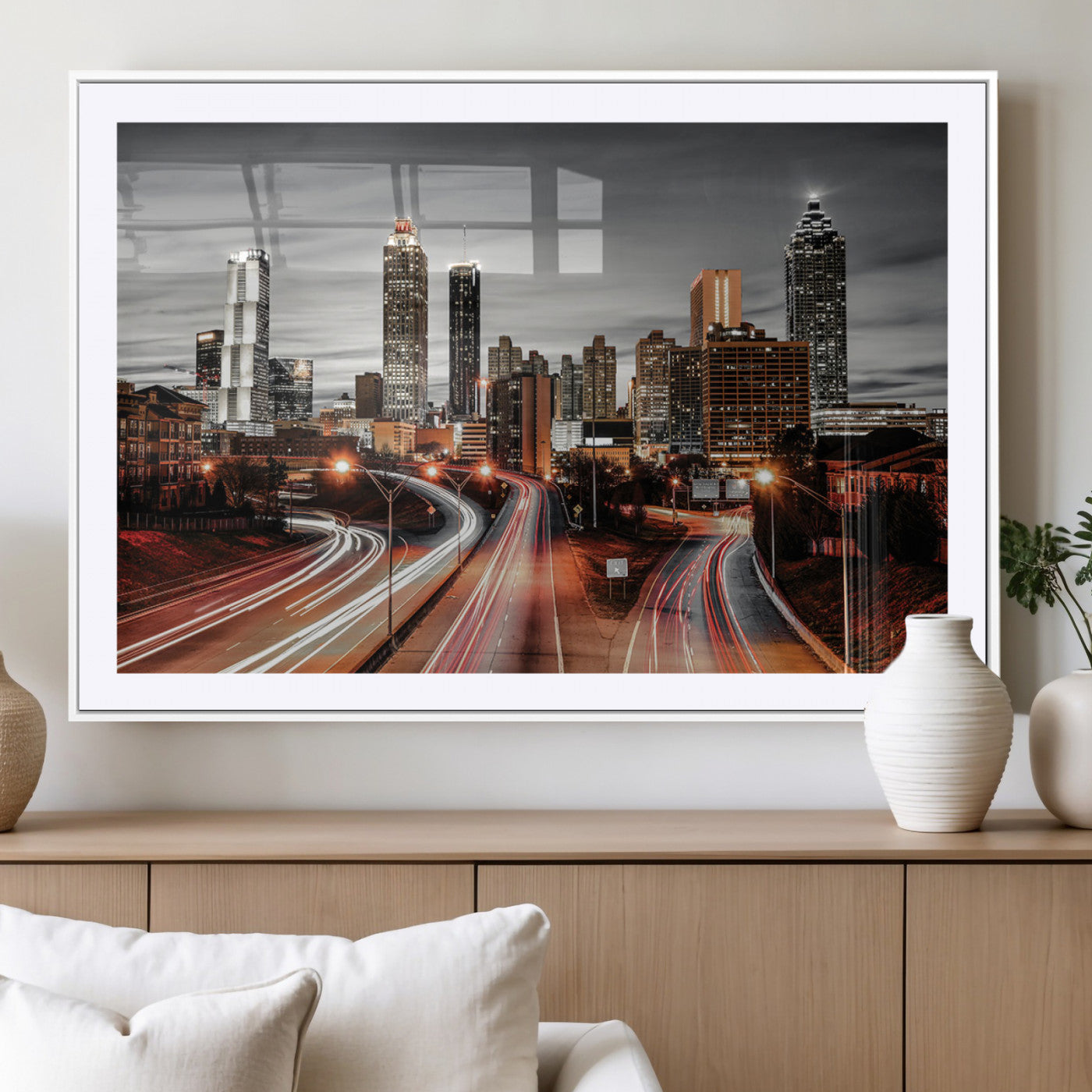 59097239-MGV-CV-36X24-City Skyline Wall Art – Modern Black and White Night Canvas Print with Red Light Trails, Urban Landscape Decor for Living Room or