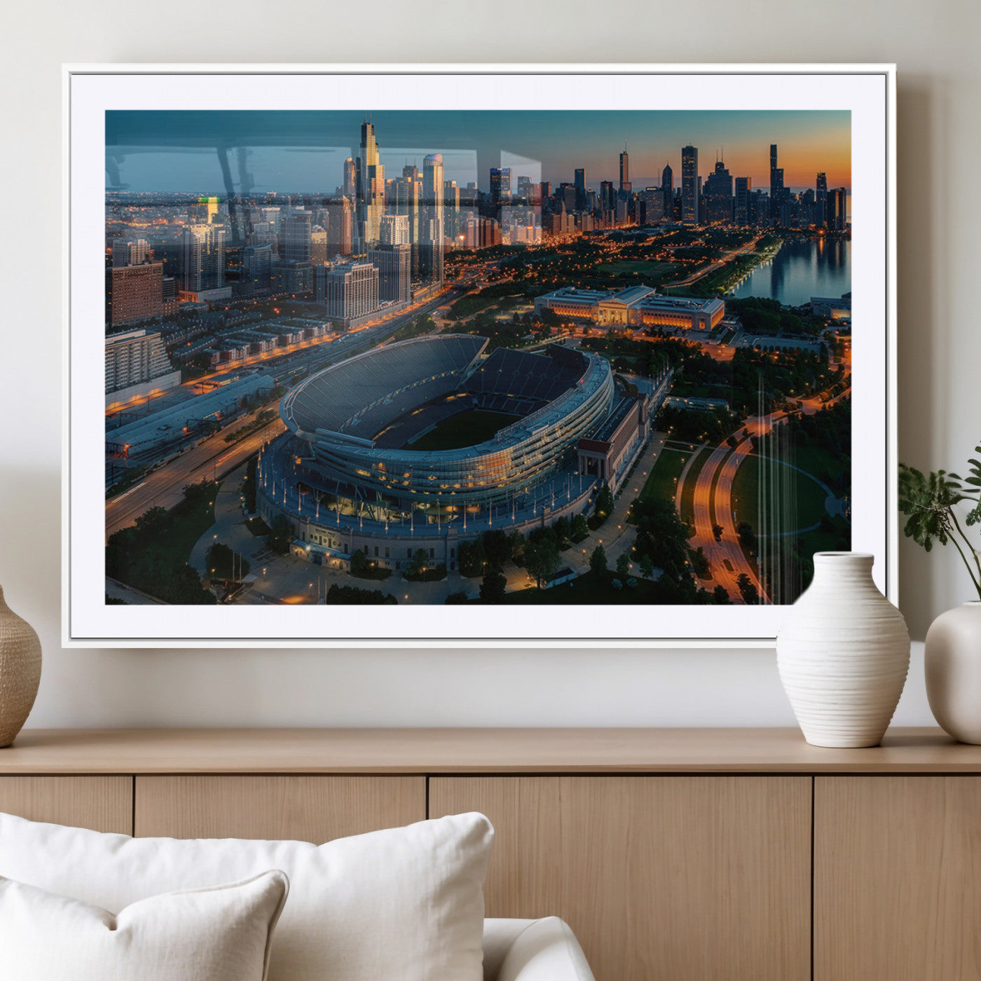 36690345-MGV-CV-36X24-Soldier Field Wall Art – Chicago Bears Stadium Aerial Night Canvas Print, City Skyline Football Decor for Living Room, Office, or