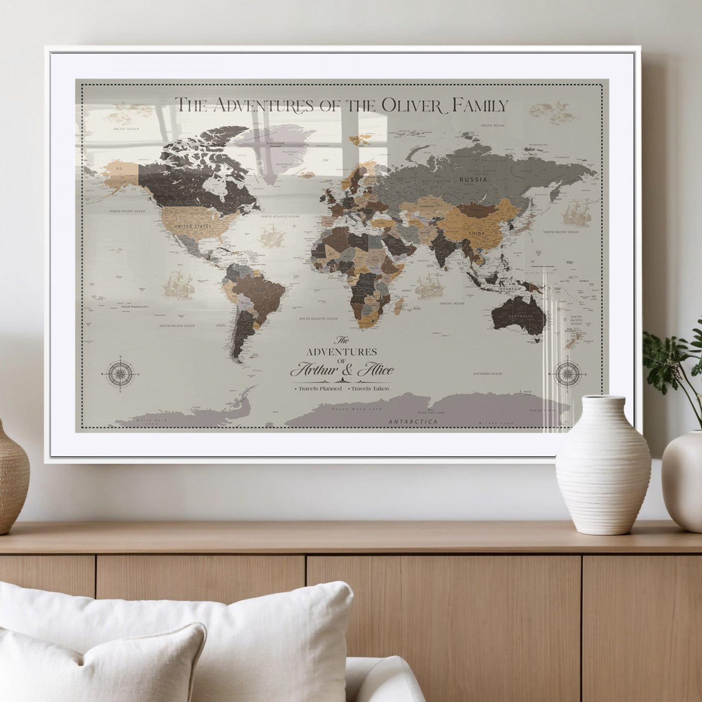 38723540-MGC-FP-36x24_White-Adventures of the Oliver Family Wall Art – Earth Tone World Map Canvas Print, Minimalist Travel Decor for Living Room, Bedroom or