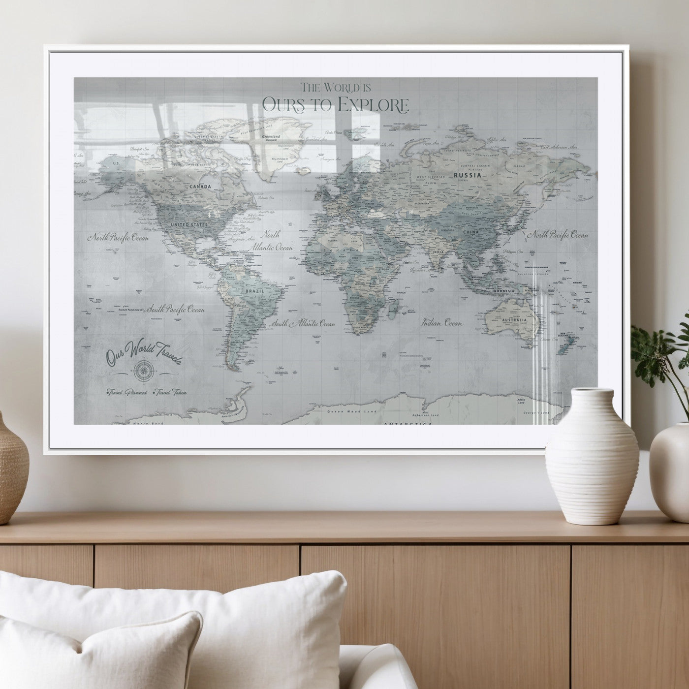 94249974-MGV-CV-36X24-Ours Explore World Map Wall Art – Modern Travel Canvas Print, Neutral Adventure Decor for Living Room, Office, Study, Bedroom,