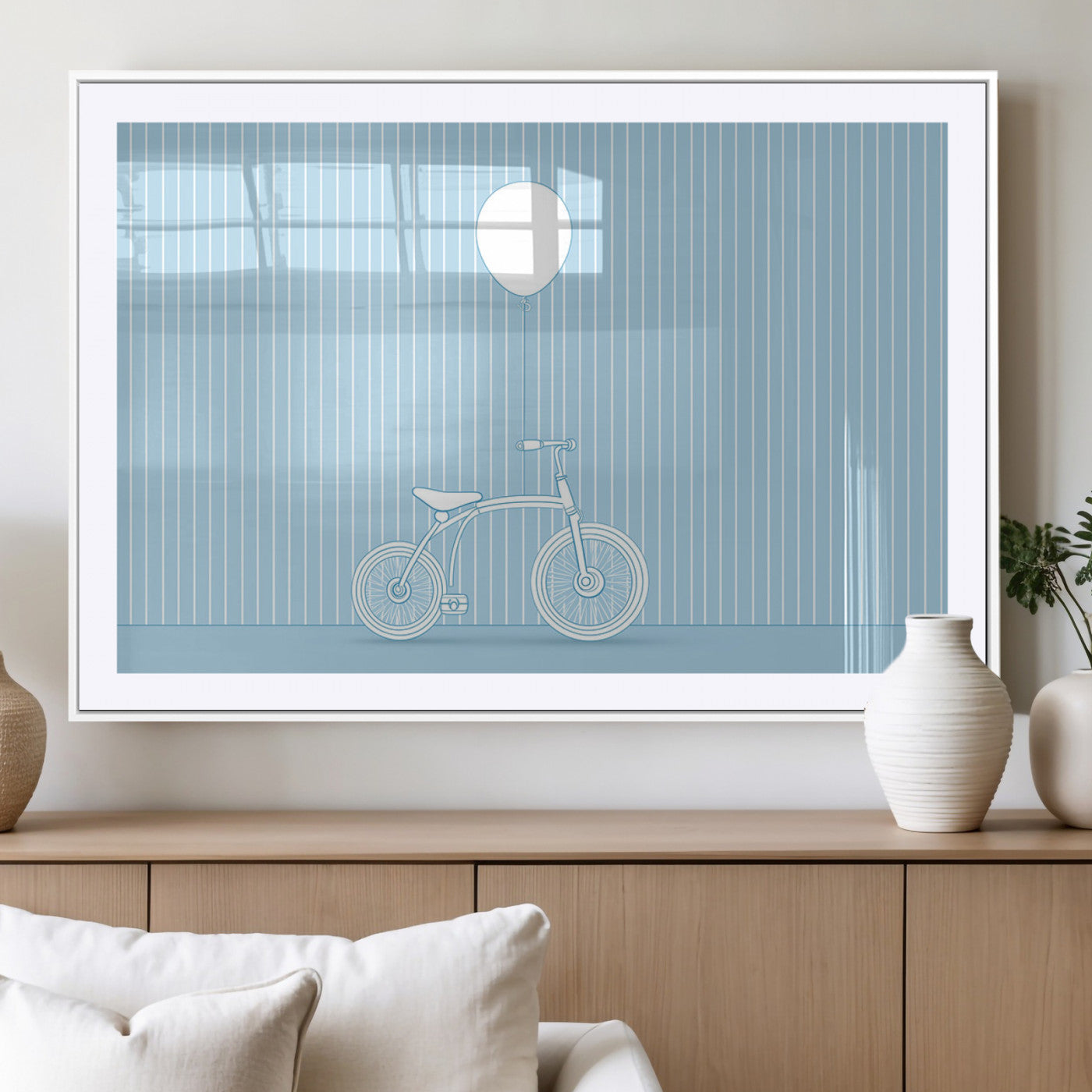 56479838-MGV-CV-36X24-Bicycle Wall Art – Minimalist Blue Canvas Print with Balloon Illustration, Modern Decor Artwork for Kids Room, Nursery, or Living