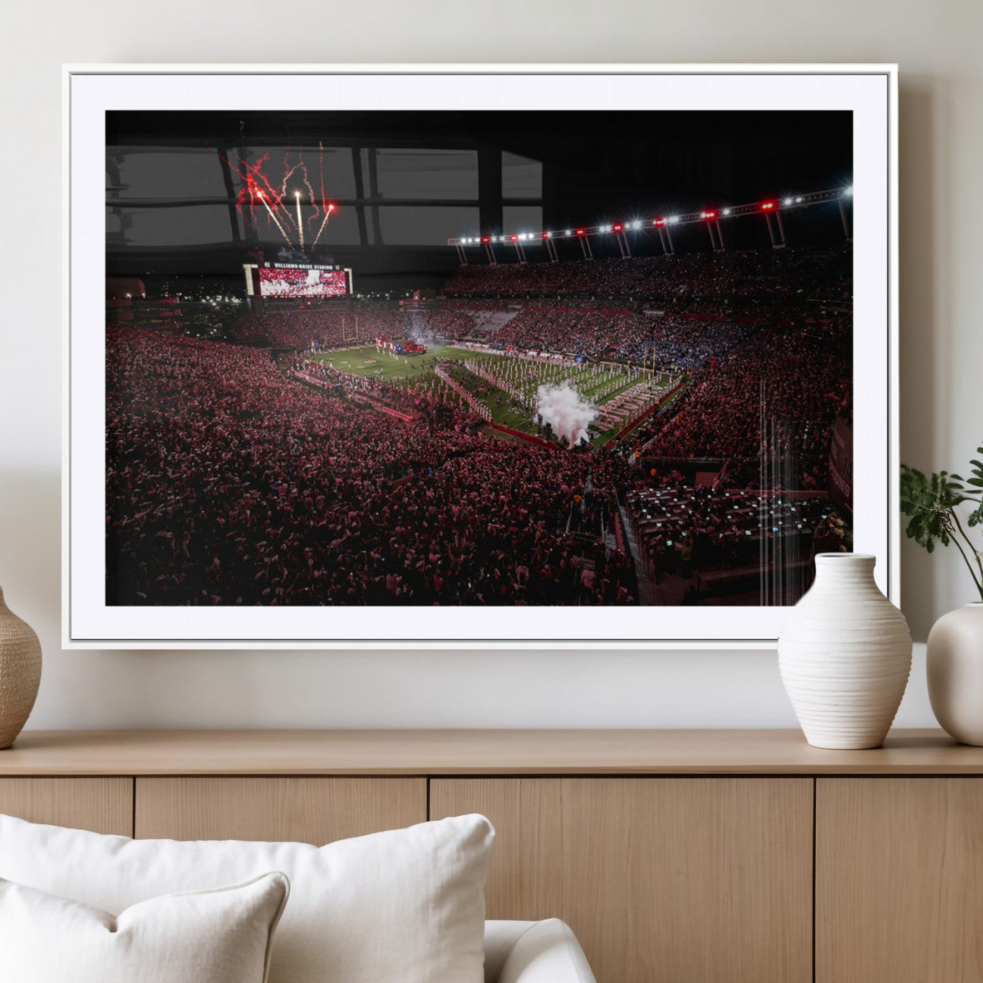 60690191-MGC-FP-36x24_White-Stadium Wall Art – Night Game Football Canvas Print with Fireworks, Marching Band and Crowd, Panoramic Sports Photography for Man