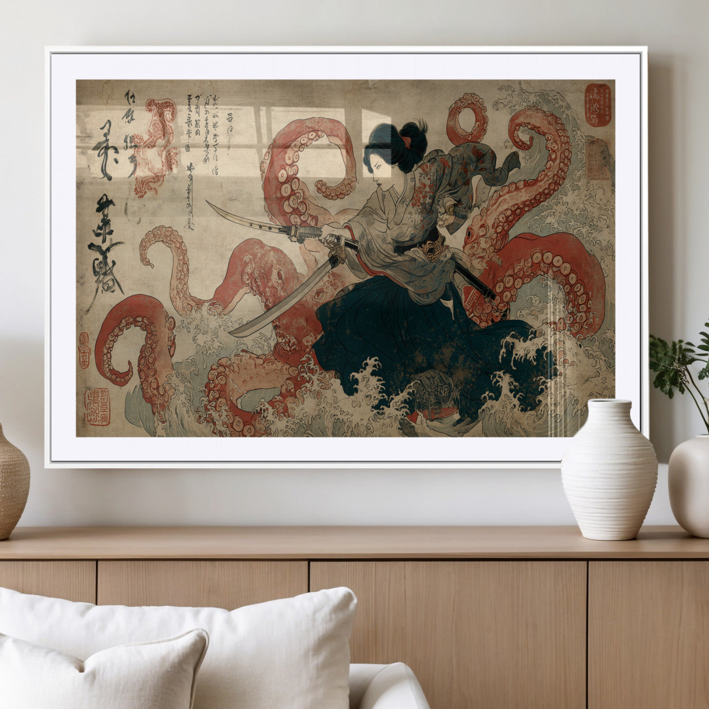 50812504-MGC-FP-36x24_White-Tsukioka Yoshitoshi Samurai Wall Art Print, Japanese Katana Warrior Canvas Wall Art, Octopus Sea Monster Canvas Print,