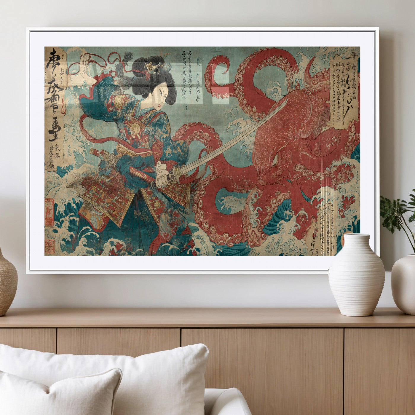 68844327-MGC-FP-36x24_White-Tsukioka Yoshitoshi Samurai Wall Art Print, Japanese Katana Warrior Canvas Wall Art, Octopus Sea Monster Canvas Print,