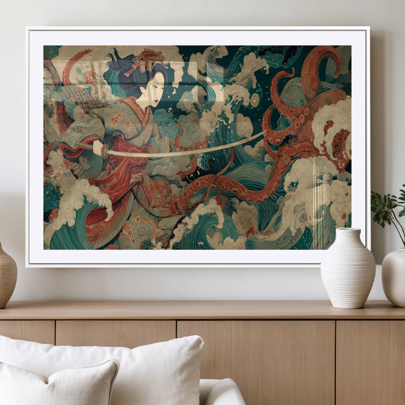 30212982-MGC-FP-36x24_White-Samurai Woman vs Octopus Wall Art – Japanese Ukiyo-e Style Warrior and Sea Monster Canvas Print, Mythology Inspired Artwork for