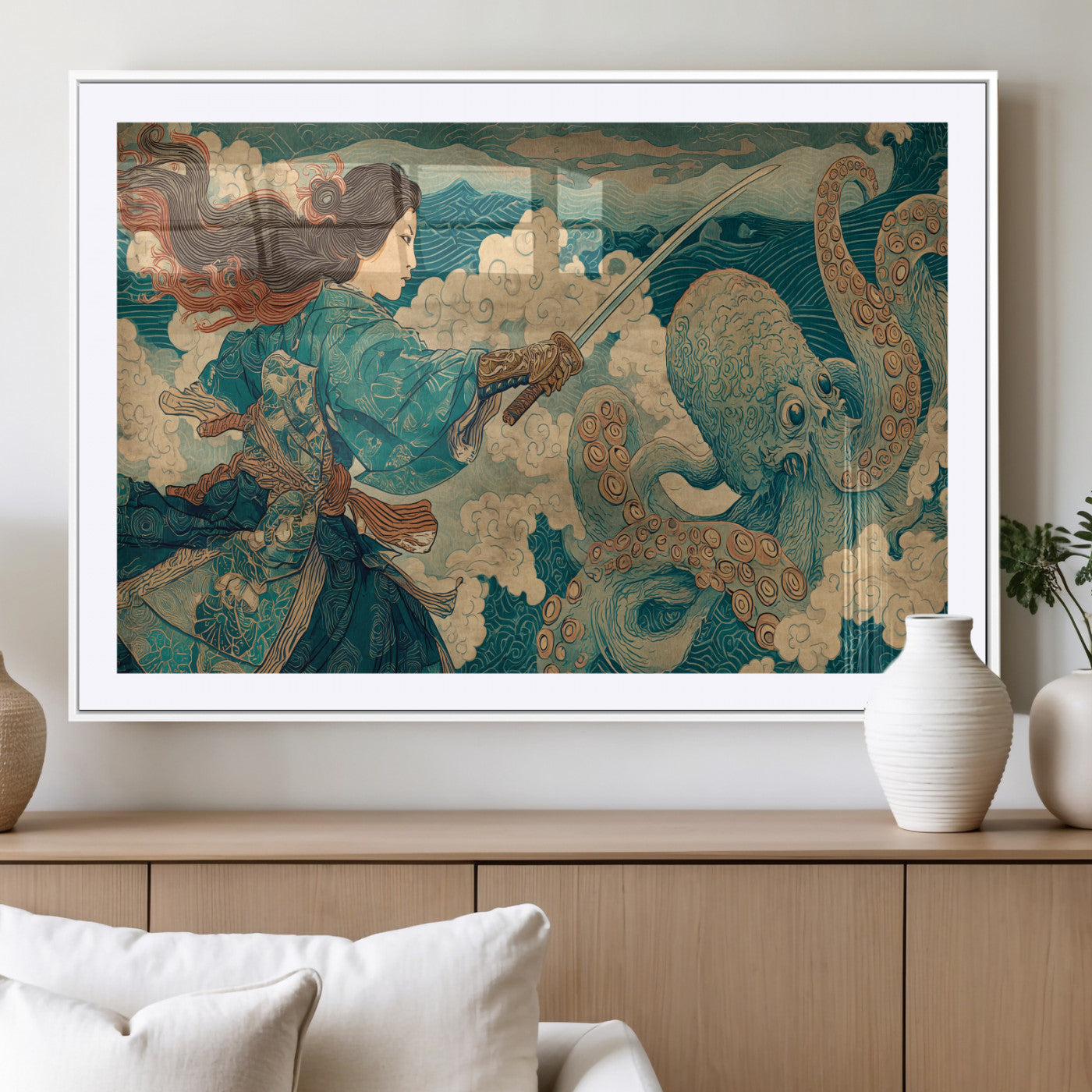 99764195-MGV-CV-36X24-Samurai vs Octopus Wall Art – Japanese Ukiyo-e Style Warrior and Sea Monster Canvas Print, Mythology Inspired Artwork for Living
