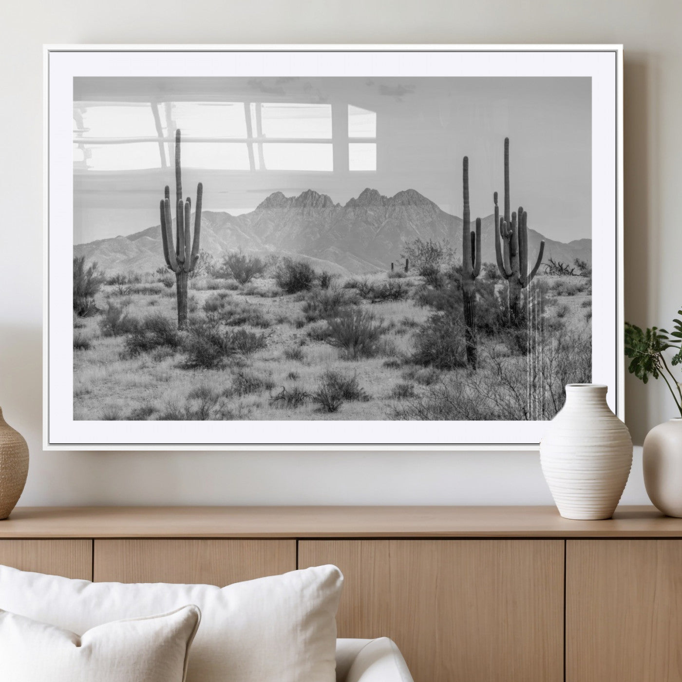 97436PHN-MGV-CV-36X24-Desert Landscape Wall Art – Black and White Cactus and Mountain Canvas Print, Southwestern Nature Photography for Living Room,