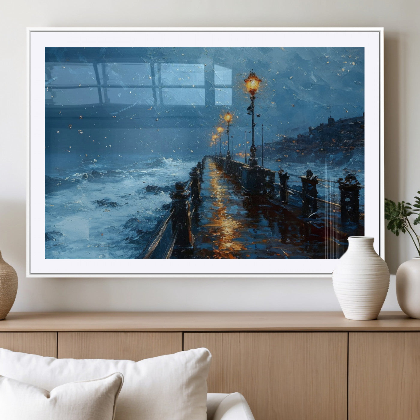 93793246-MGC-FP-36x24_White-Stormy Night Pier Canvas Wall Art – Moody Ocean Landscape with Lights, Blue Coastal Seascape Print for Bedroom, Living Room,