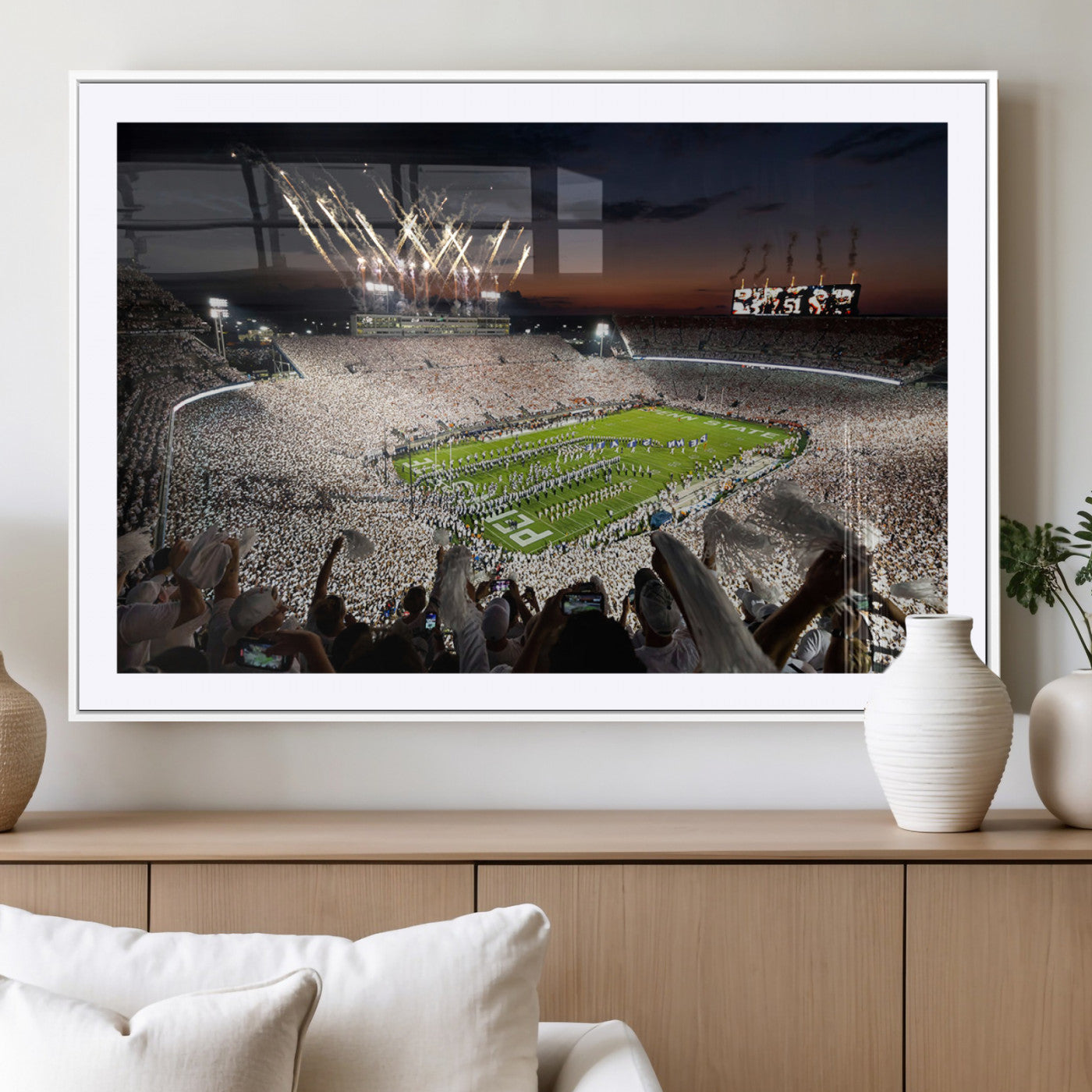 11221988-MGV-CV-36X24-Football Stadium Wall Art – Game Day Crowd with Fireworks, Sports Fan Photography Print, Stadium Decor for Man Cave, Bar, or