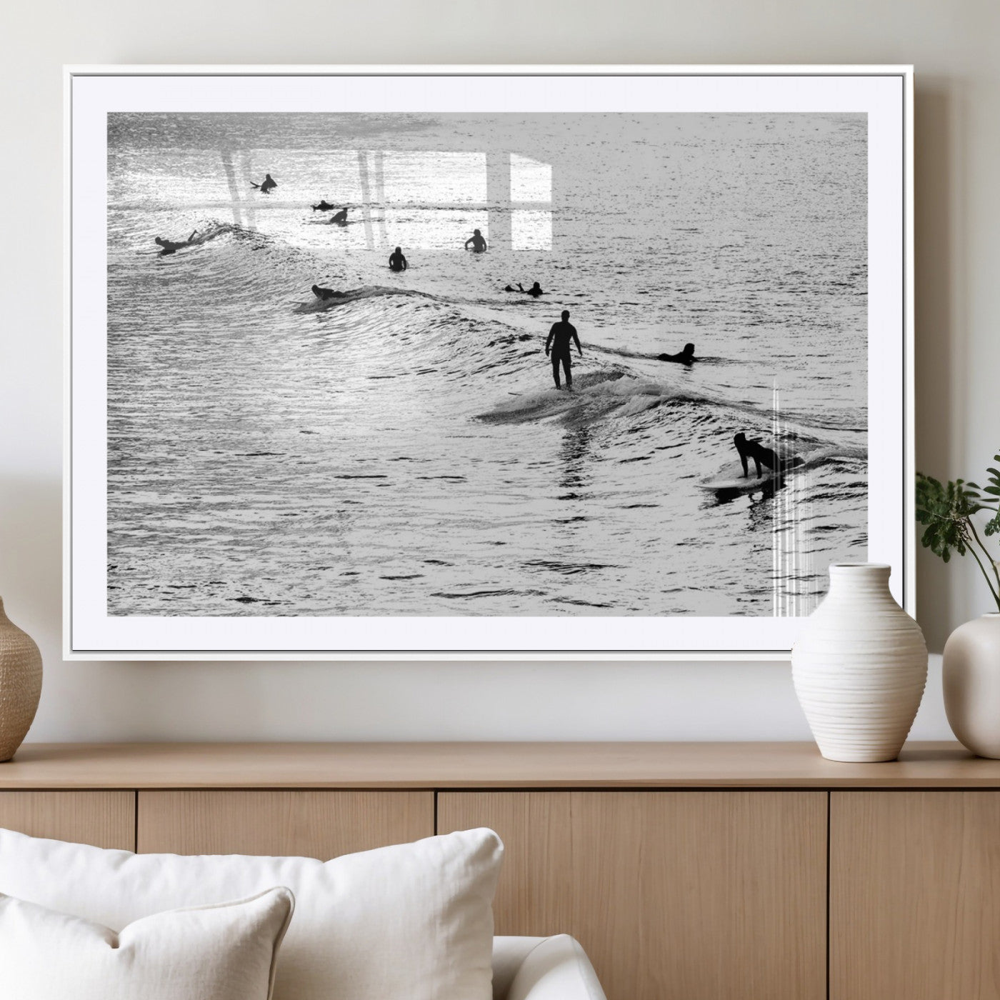 68018616-MGV-CV-36X24-Black and White Surf Photography Print – Minimalist Ocean Wall Art, Surfers Riding Waves, Coastal Beach Decor for Modern Home or