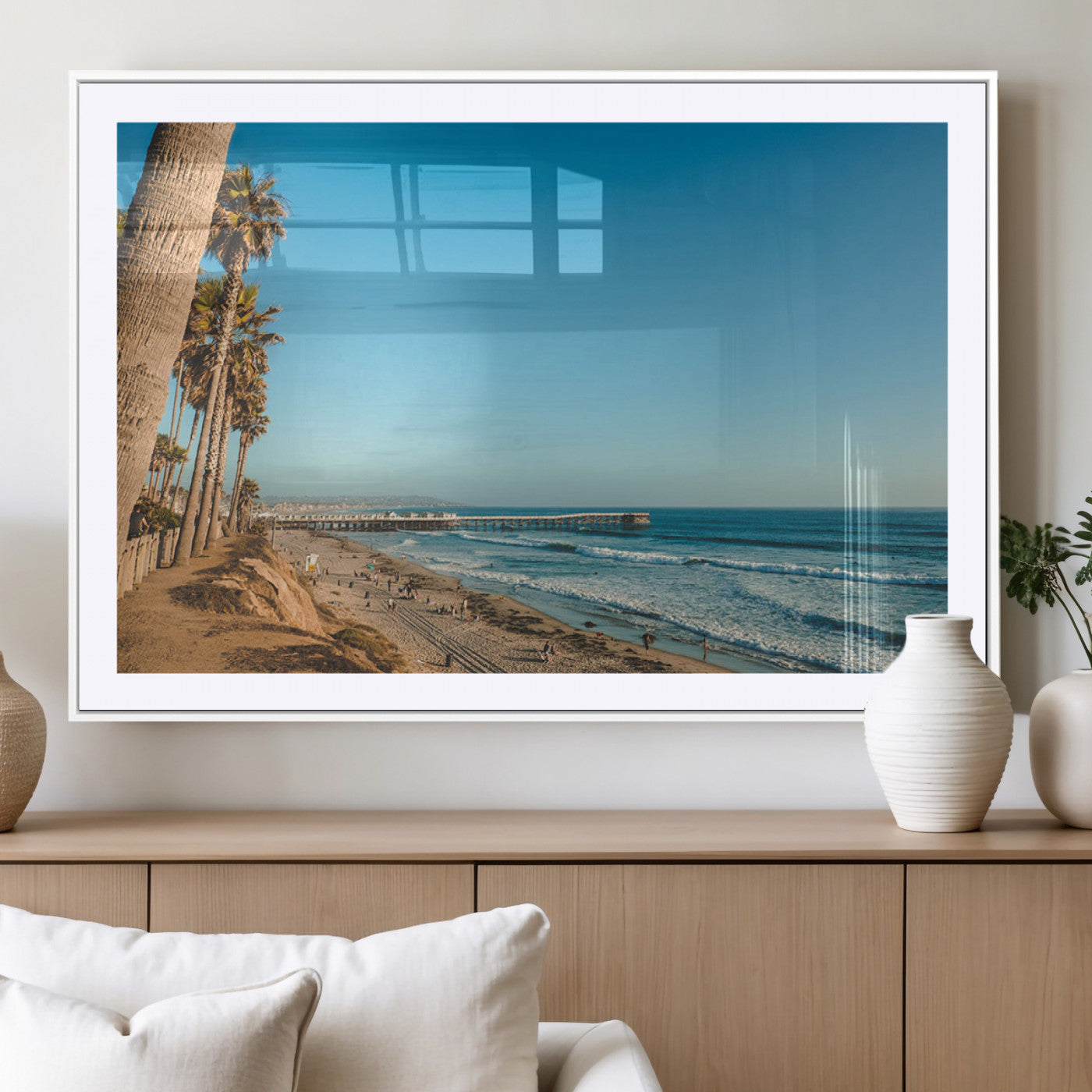 92568259-MGV-CV-36X24-California Beach Wall Art – Palm Tree Pier Canvas Print, Coastal Ocean Photography Seaside Decor for Living Room, Bedroom, Office,