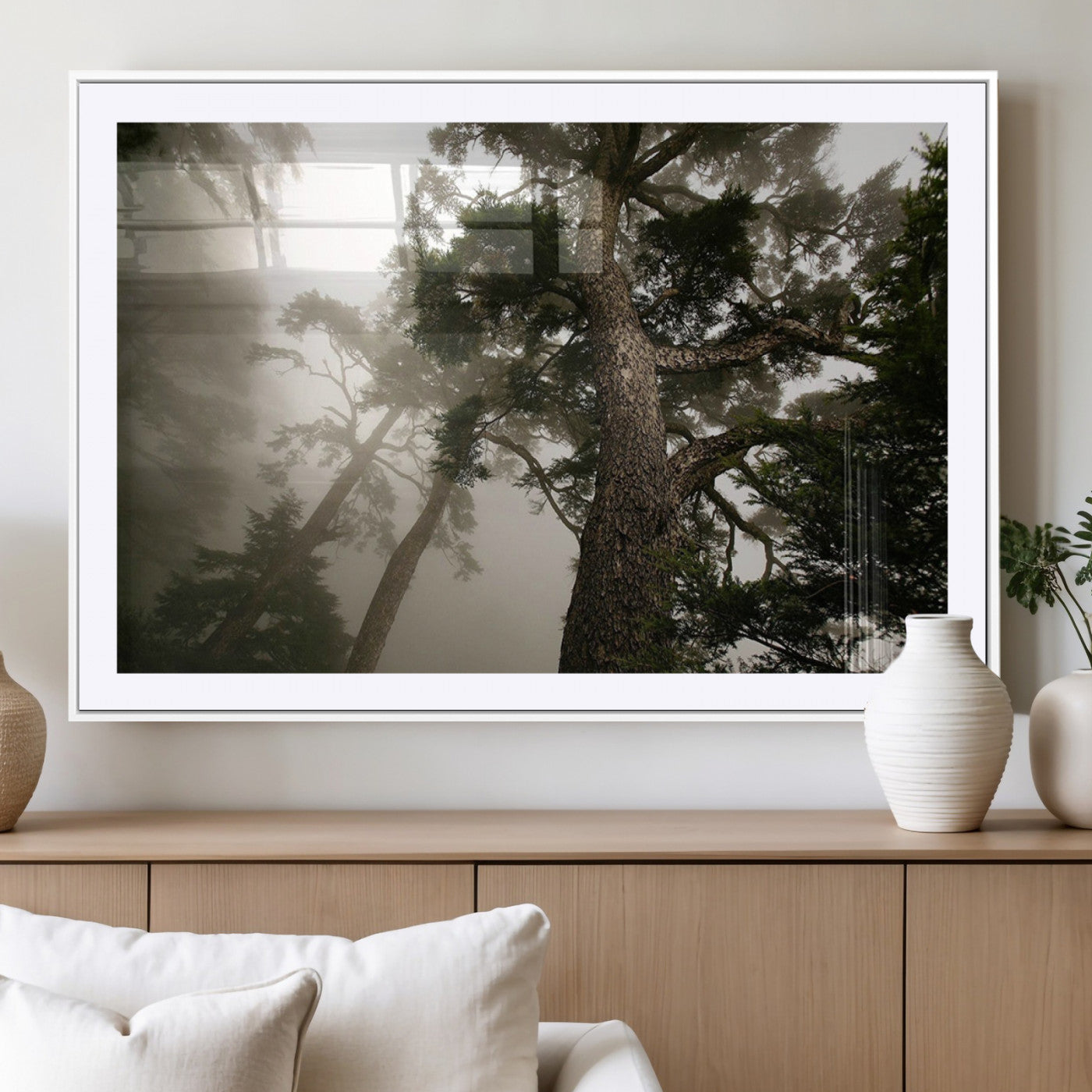 87969493-MGV-CV-36X24-Forest Wall Art – Misty Tall Trees Canvas Print, Dramatic Woodland Photography Decor for Bedroom, Living Room, Office, Cabin,