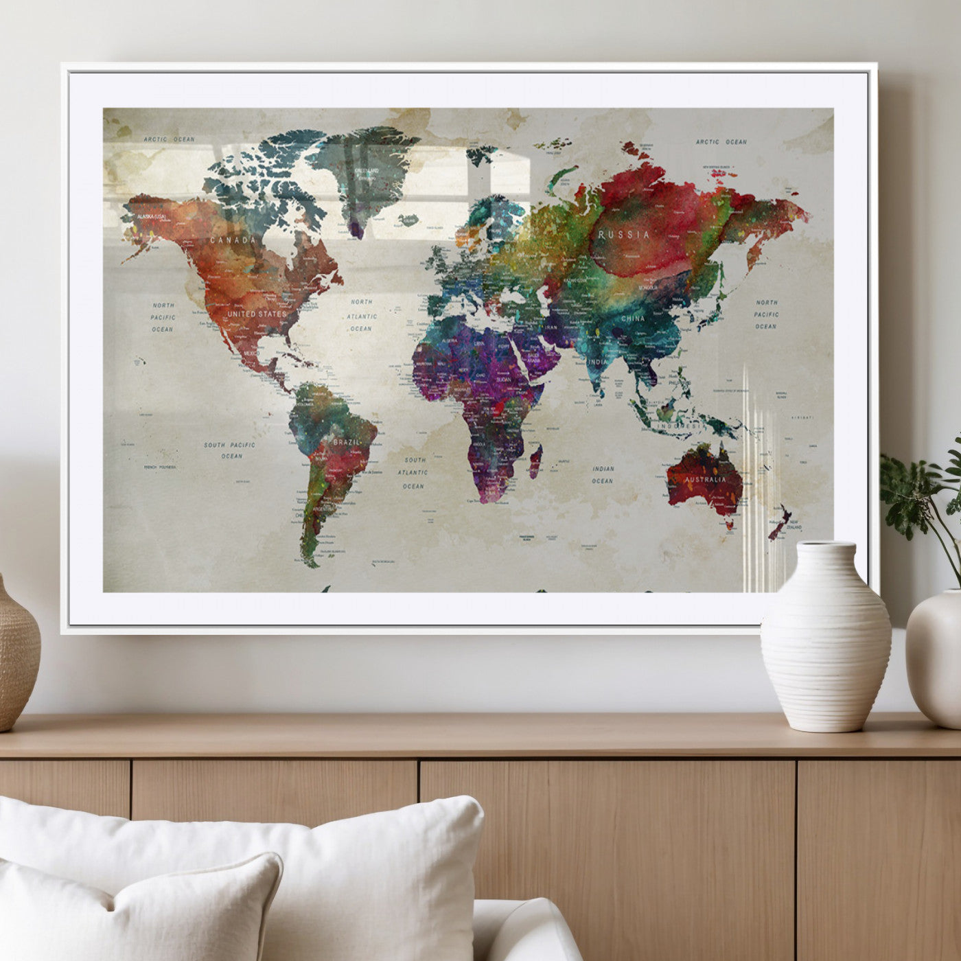 27689508-MGV-CV-36X24-World Map Wall Art – Colorful Watercolor Style Canvas Print, Modern Travel Map Artwork for Office, Study, Classroom, Living Room