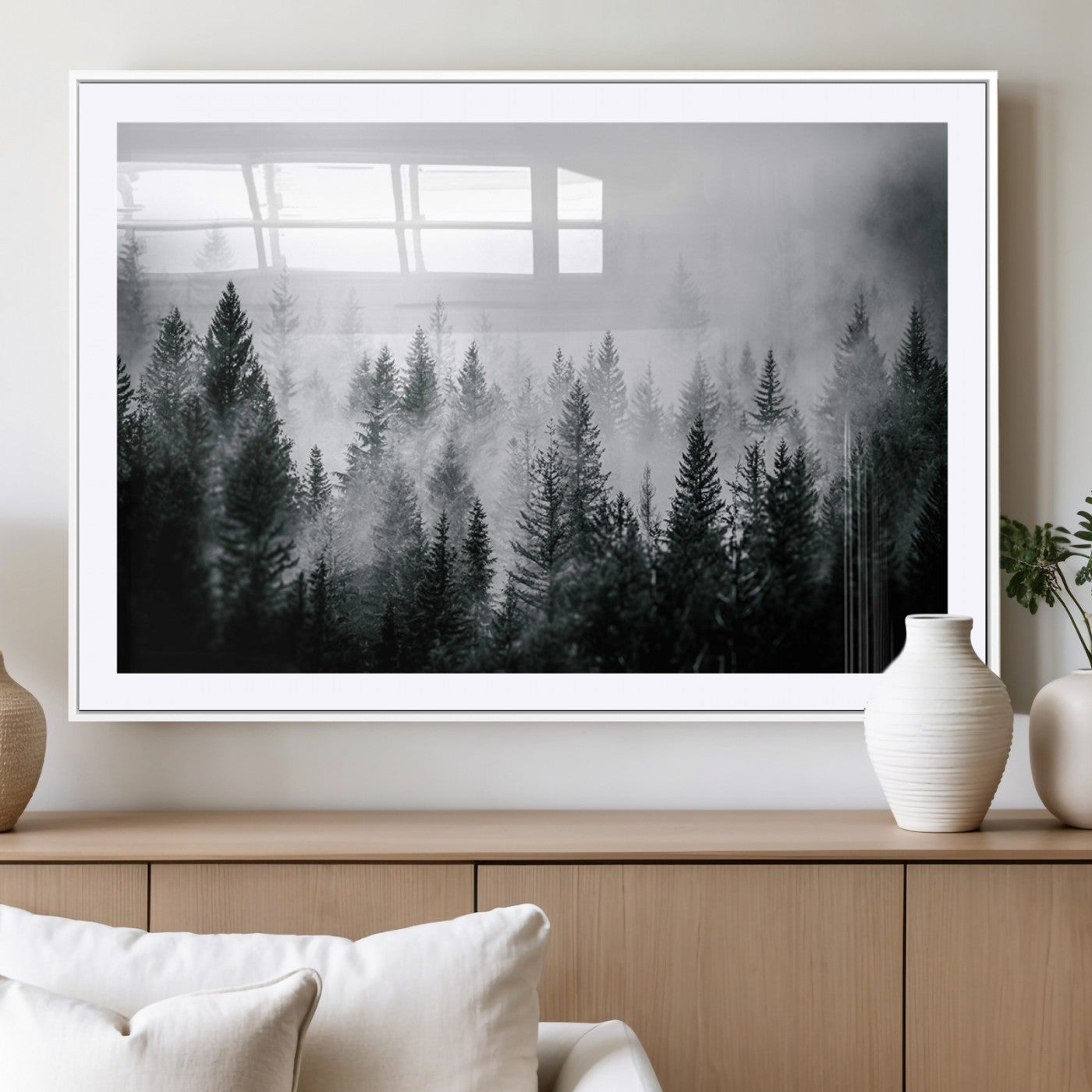 87750525-MGV-CV-36X24-Foggy Pine Forest Wall Art Canvas Print, Pine Landscape Print, Framed Nordic Pine Forest Art Print, Large Misty Forest Printing