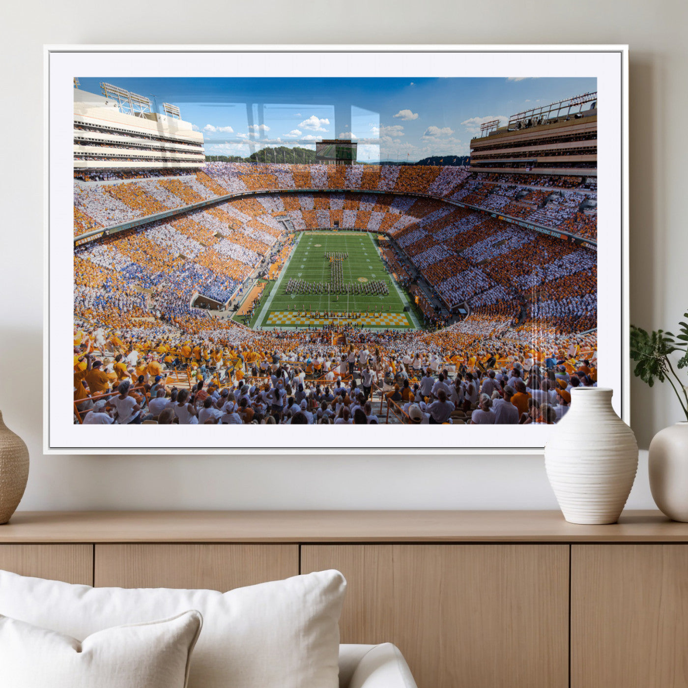 64238859-MGV-CV-36X24-Neyland Stadium Wall Art – Panoramic Tennessee Volunteers Power T Checkerboard Crowd Canvas Print, Day Game Football Band Sports