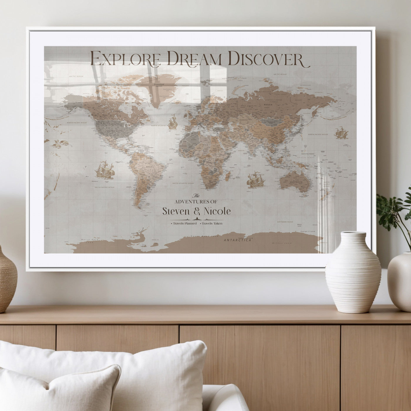 56148717-MGV-CV-36X24-Personalized World Map Wall Art – Neutral Beige & Brown Vintage Adventure Travel Map with Custom Couple Names, Classic Wall Decor