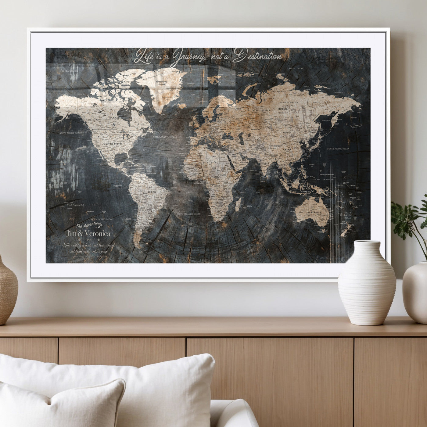 55548943-MGV-CV-36X24-Personalized World Map Wall Art – Rustic Wood Texture Adventure Travel Map with Custom Couple Names, Vintage Dark Wall Decor for