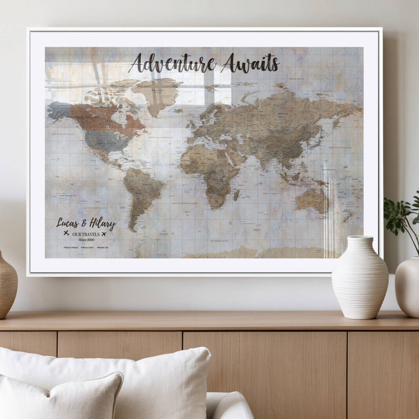 30792405-MGV-CV-36X24-Personalized World Map Wall Art – Rustic Beige Adventure Travel Map with Custom Couple Names, Vintage Wall Decor for Home or