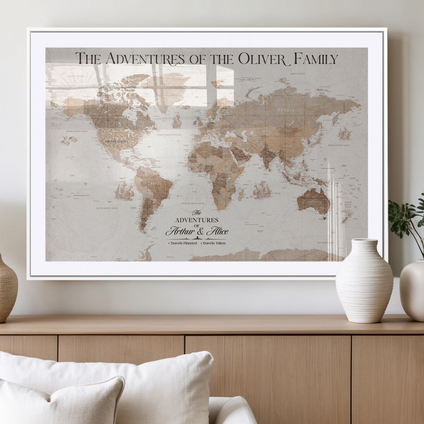 43869621-MGV-CV-36X24-Personalized World Map Wall Art – Light Beige Sepia Adventure Travel Map with Custom Family or Couple Names, Rustic Wall Decor for