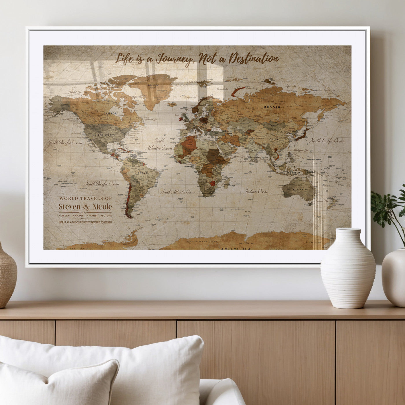 75179116-MGV-CV-36X24-Personalized World Map Wall Art – Rustic Vintage Travel Map with Custom Names, Inspirational Adventure Décor for Couples, Families