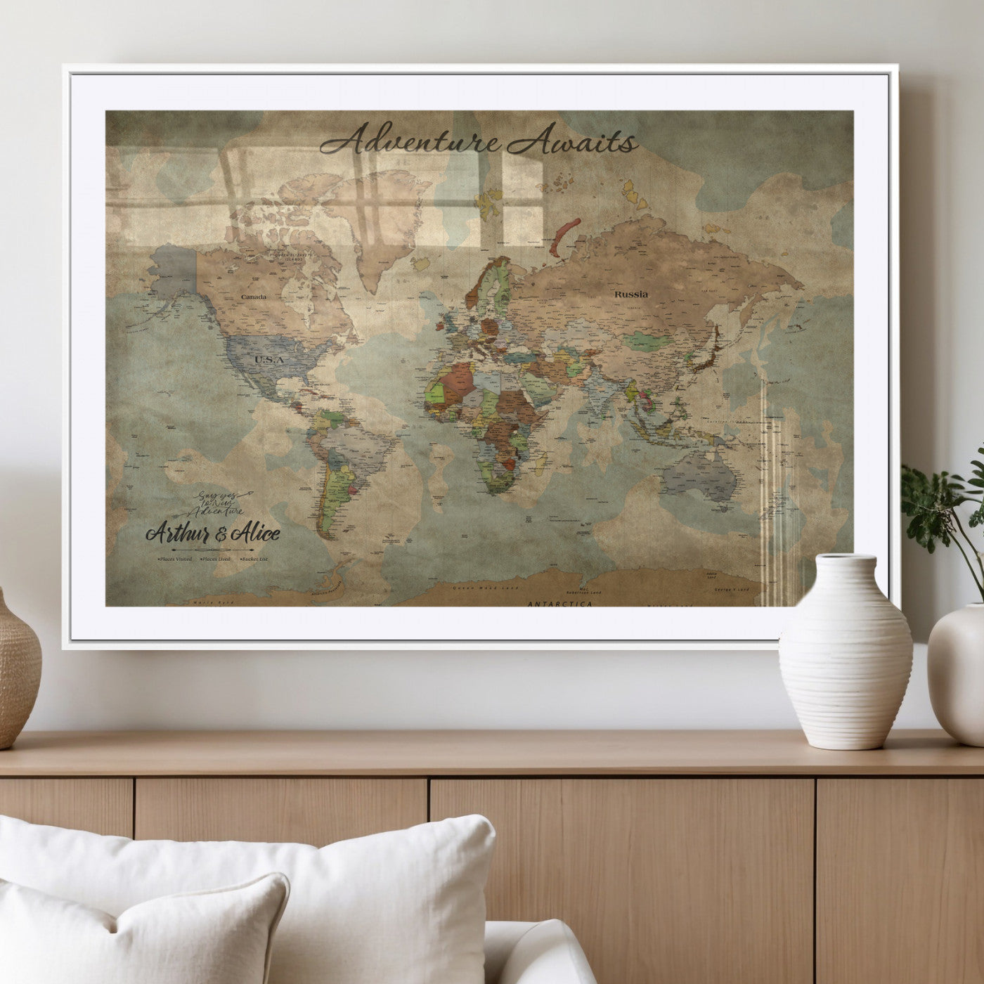 62500285-MGV-CV-36X24-Personalized World Map Wall Art – Rustic Watercolor Adventure Awaits Travel Map with Custom Couple Names, Vintage Wall Decor for