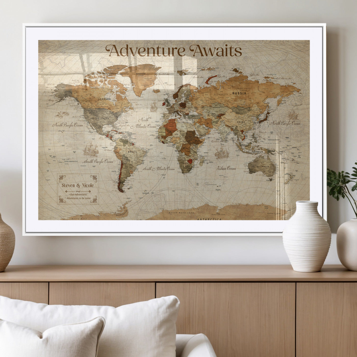 18685073-MGC-FP-36x24_White-Personalized World Map Wall Art – Antique Vintage Parchment Adventure Awaits Travel Map with Custom Couple Names, Rustic Wall