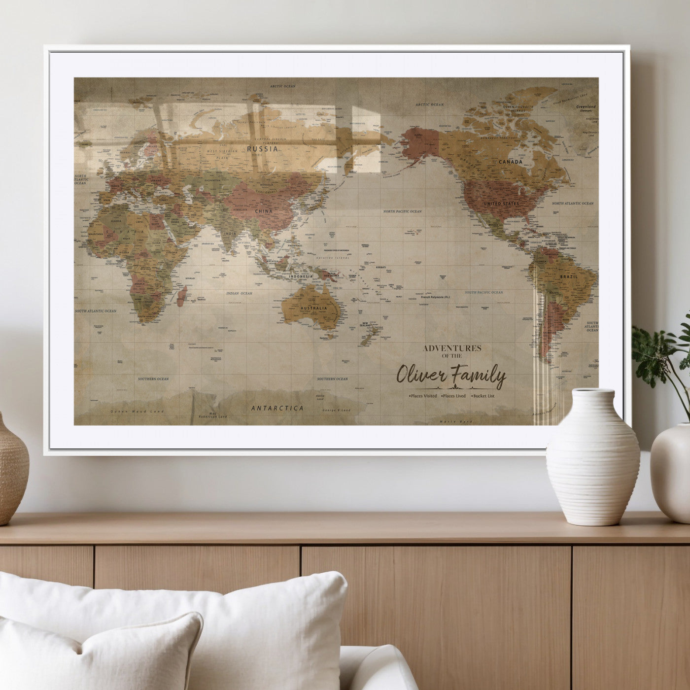 31874045-MGV-CV-36X24-Personalized World Map Wall Art – Vintage Earth Tone Adventure Map with Custom Family Names, Rustic Travel Decor for Home, Couples