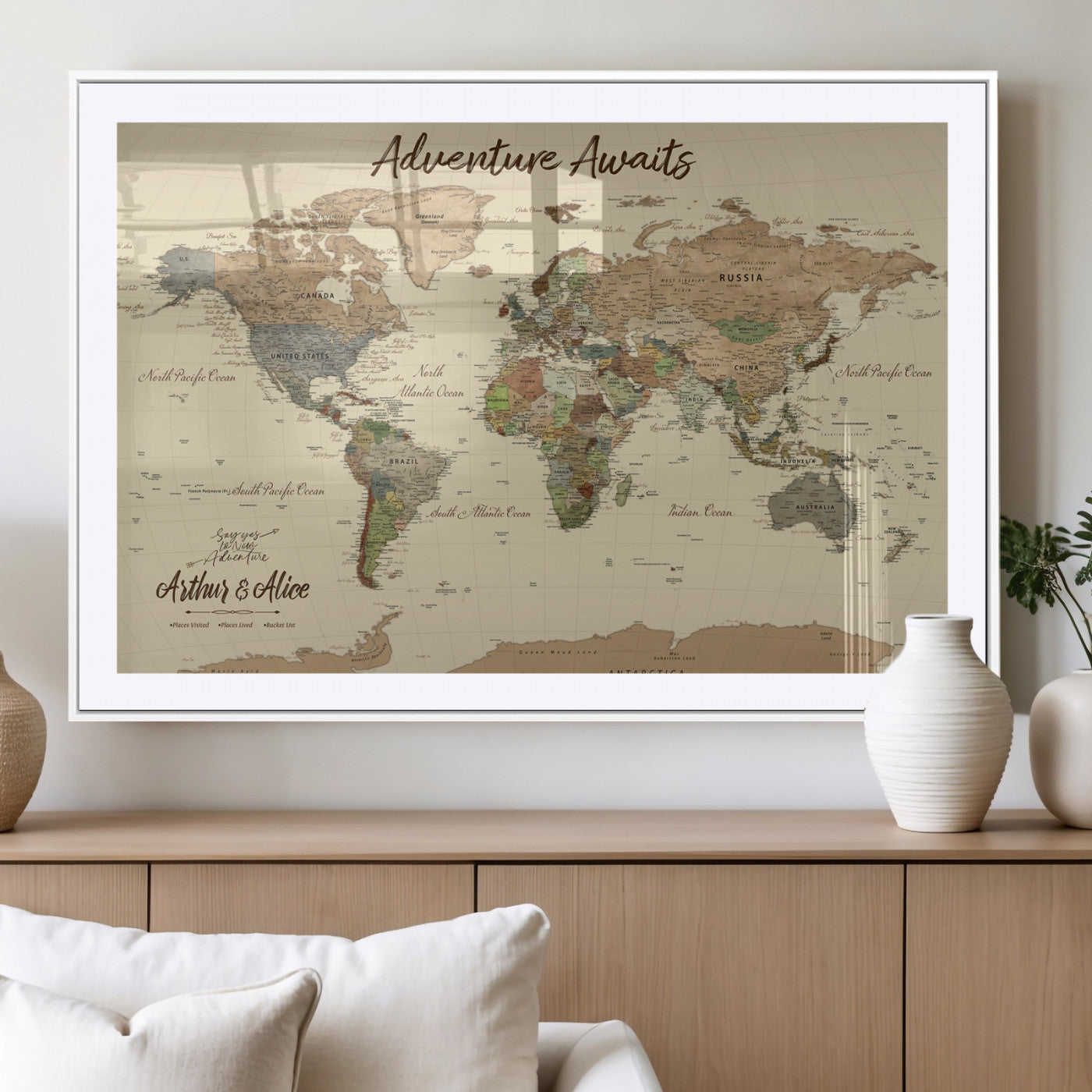 53442996-MGV-CV-36X24-Personalized World Map Wall Art – Adventure Awaits Vintage Travel Map with Custom Couple Names, Rustic Wall Decor for Home,