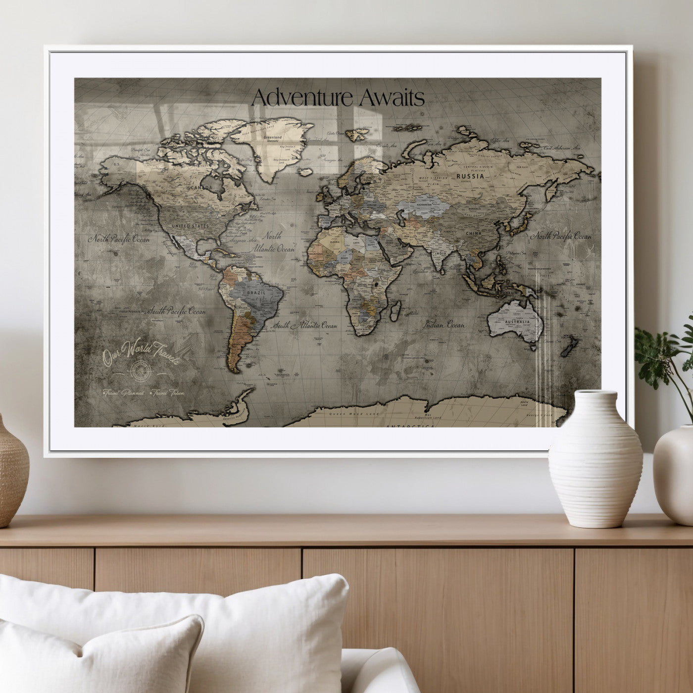 72658967-MGV-CV-36X24-Personalized World Map Wall Art – Adventure Awaits Rustic Sepia Travel Map with Custom Names, Vintage Wall Decor for Couples, Home