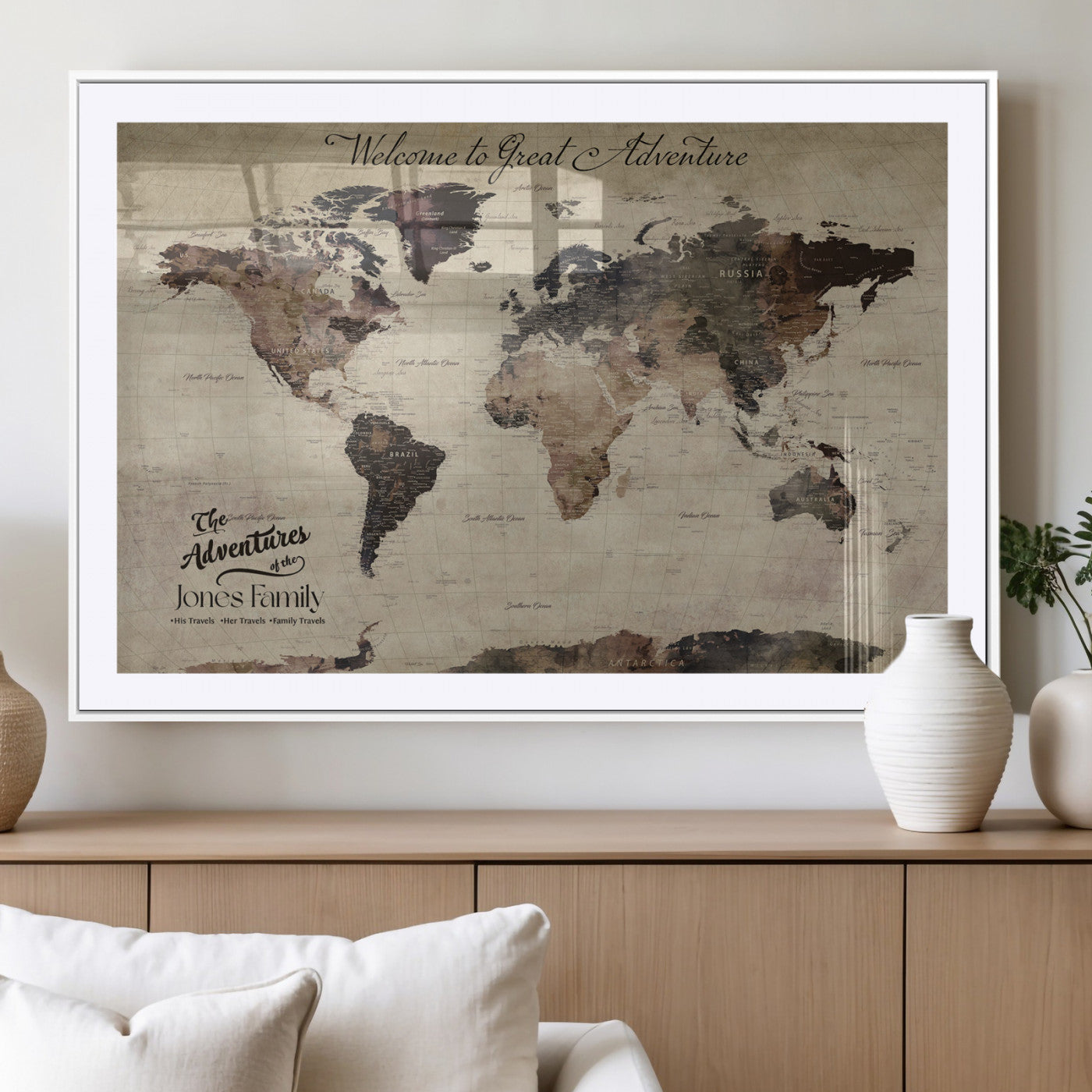 78610079-MGC-FP-36x24_White-Personalized World Map Wall Art – Vintage Rustic Travel Map with Custom Family Name, Adventure Wall Decor for Home, Family Gift or